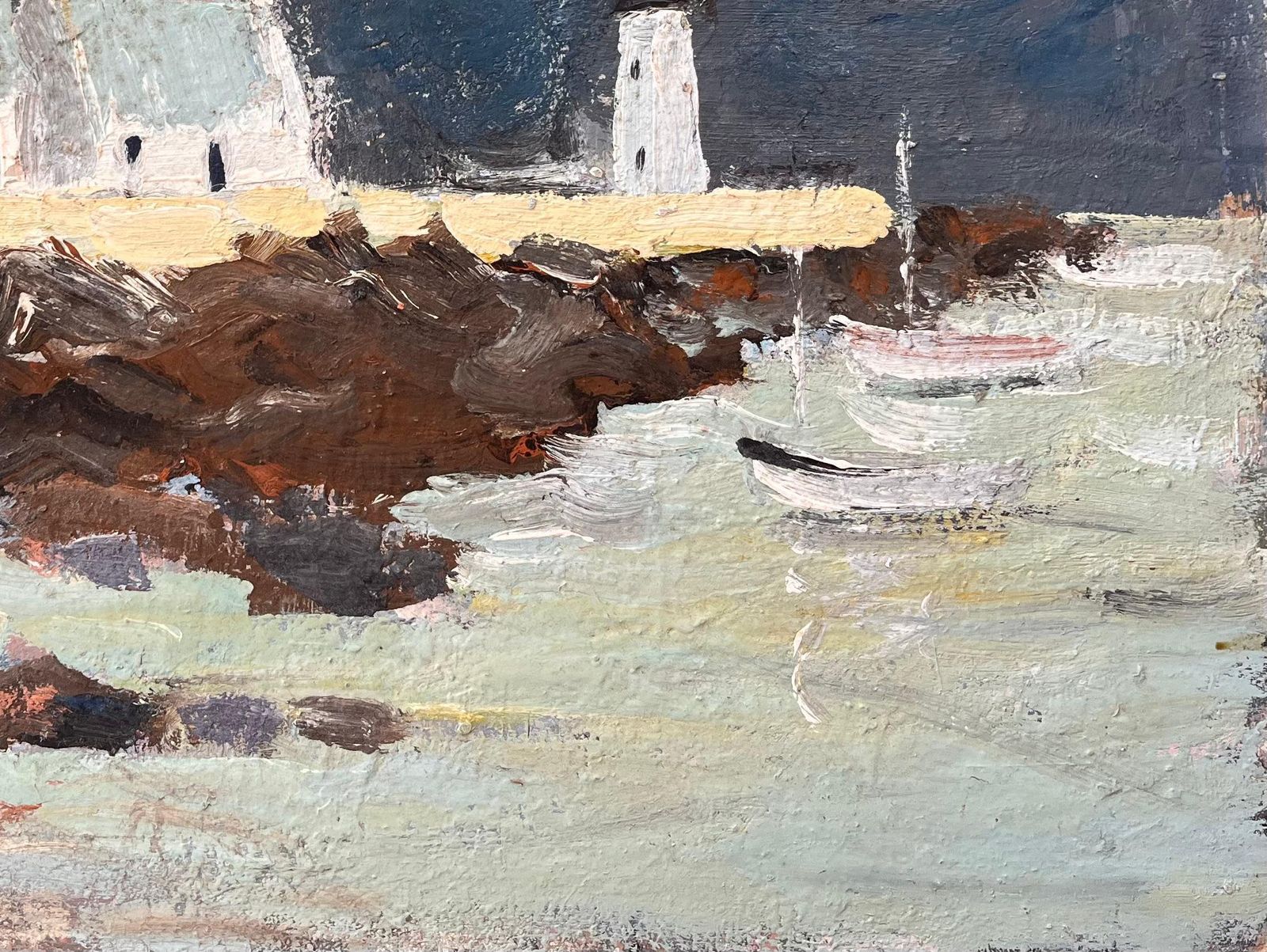 Fanch Lelfrench Coastal Oil Painting Of Lighthouse Cottages Rocky Shore And Stormy Sky photo vinterior