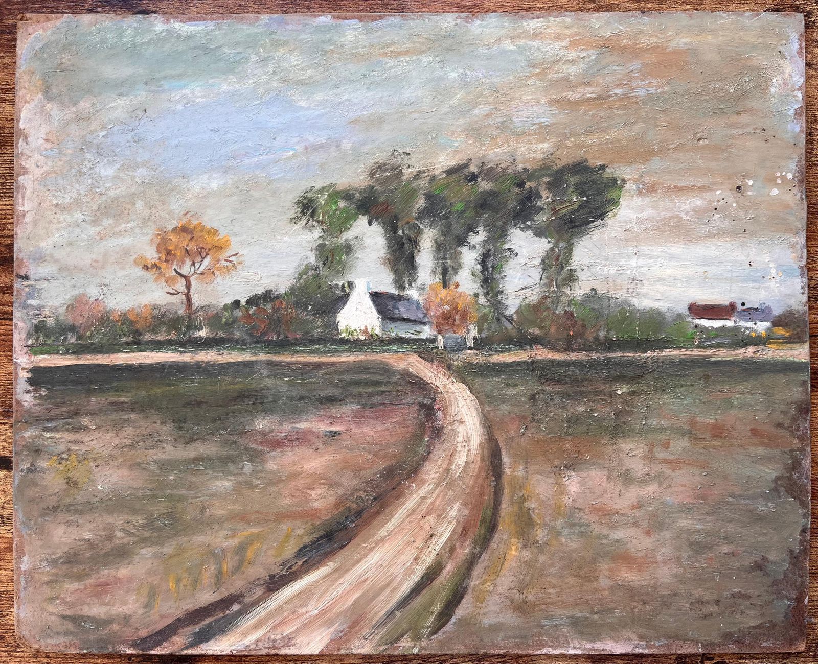 Fanch Lelfrench Countryside Oil Painting Of Curved Path Farmhouse Autumn Trees And Fields photo furniture