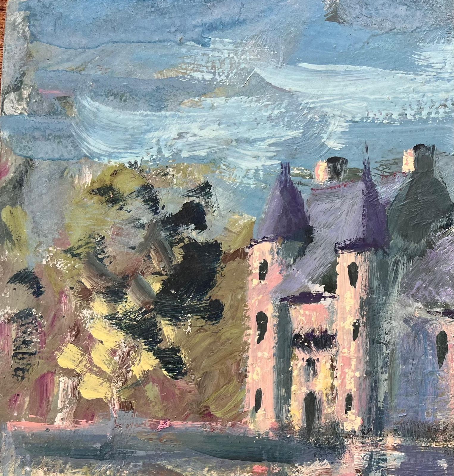 Fanch Lelfrench Château Landscape Oil Painting With Reflection In Lake And Turreted Tower photo for sale