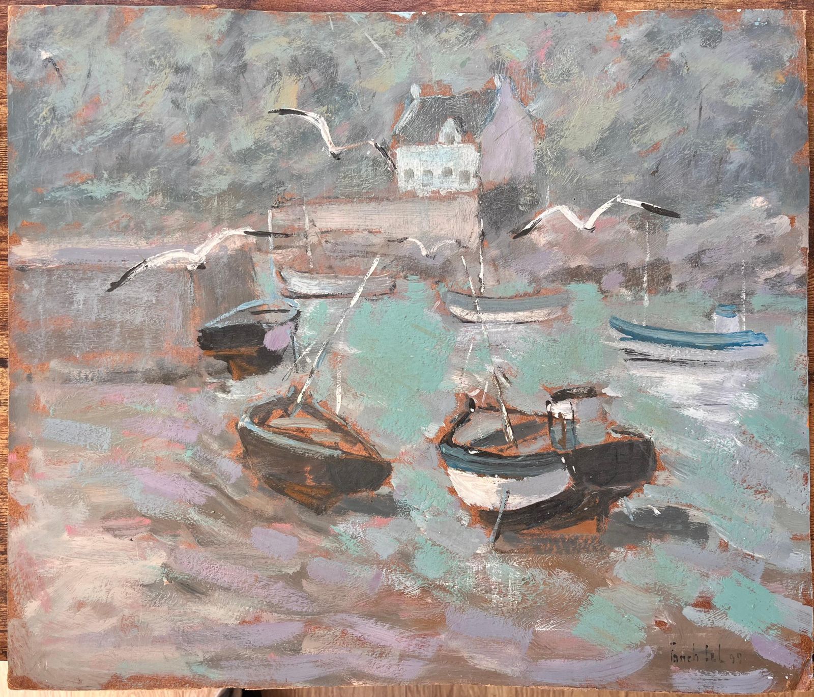 Fanch Lelimpressionist Boats In Seaside Harbour With Gulls And Misty Coastal Village1999 photo furniture
