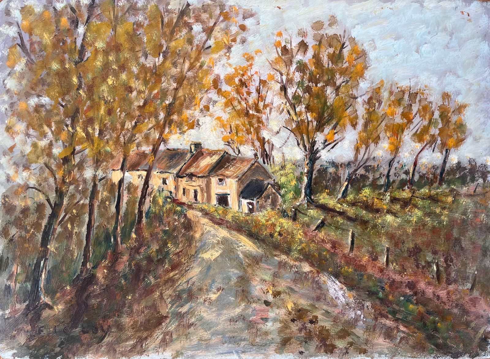 Fanch Lelfrench Autumn Landscape With Country Cottages And Tree Lined Path
