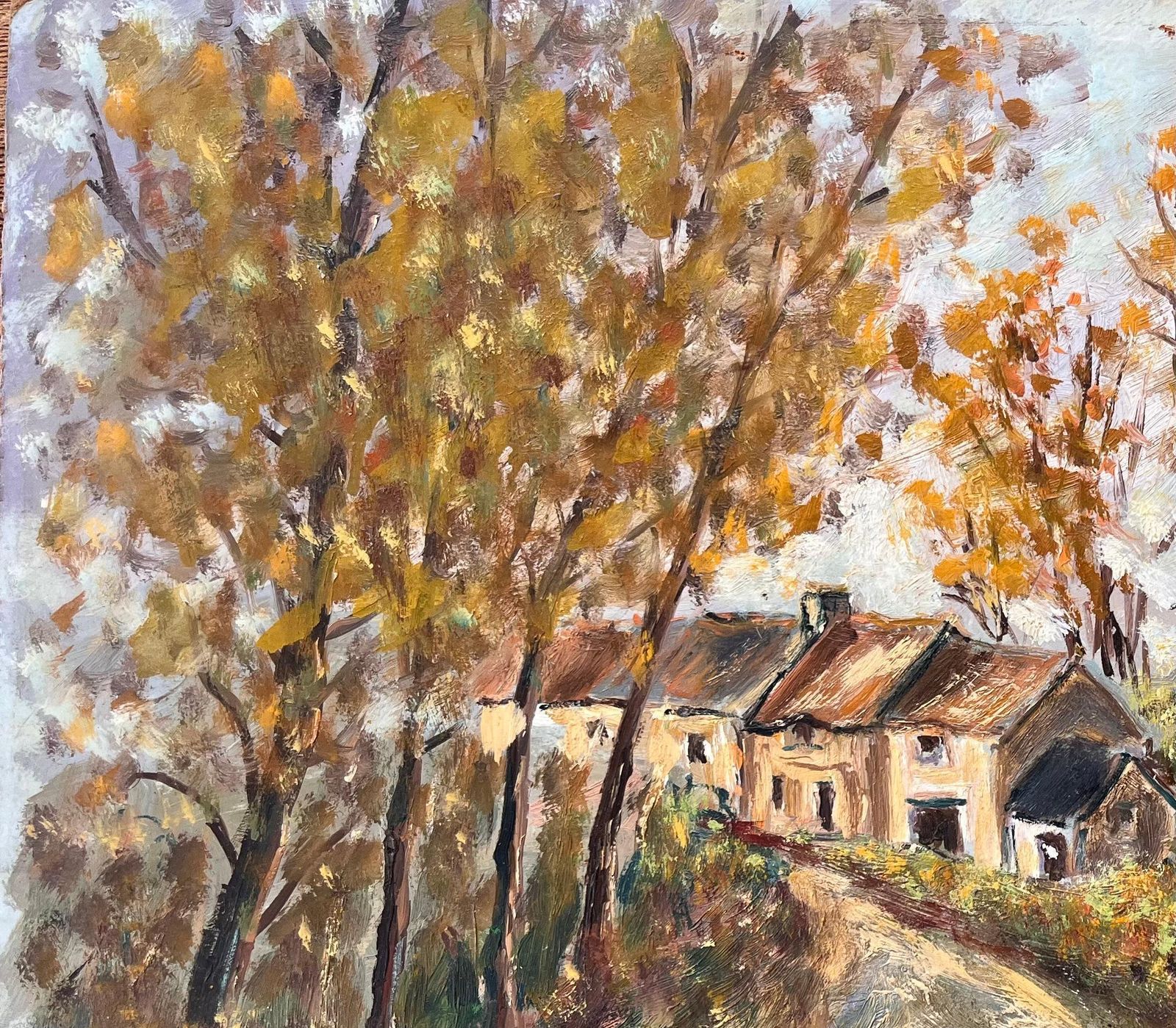 Fanch Lelfrench Autumn Landscape With Country Cottages And Tree Lined Path photo for sale