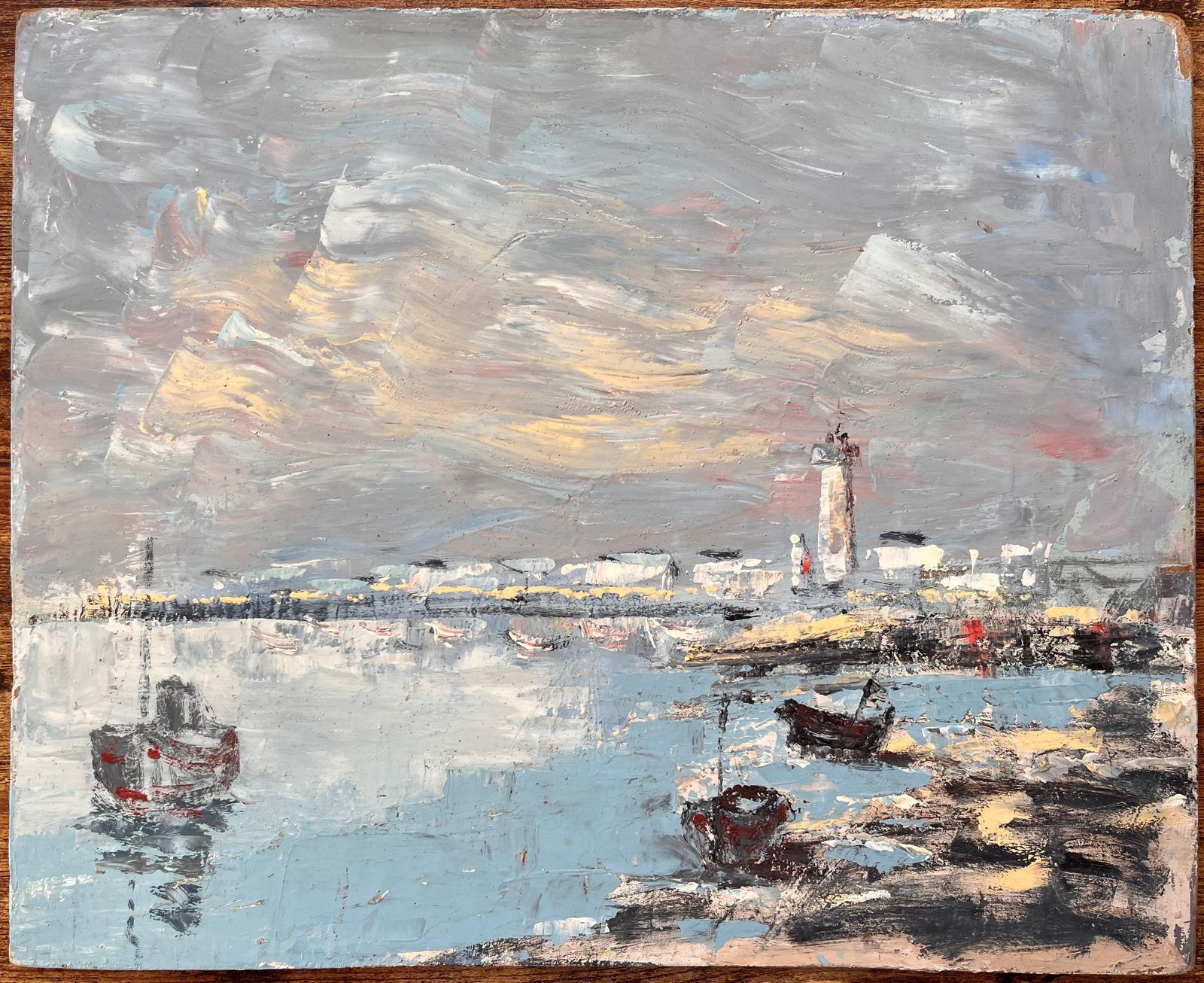 Fanch Lelfrench Harbour Oil Painting Of Boats Lighthouse And Rocky Shoreline At Low Tide1986 photo furniture
