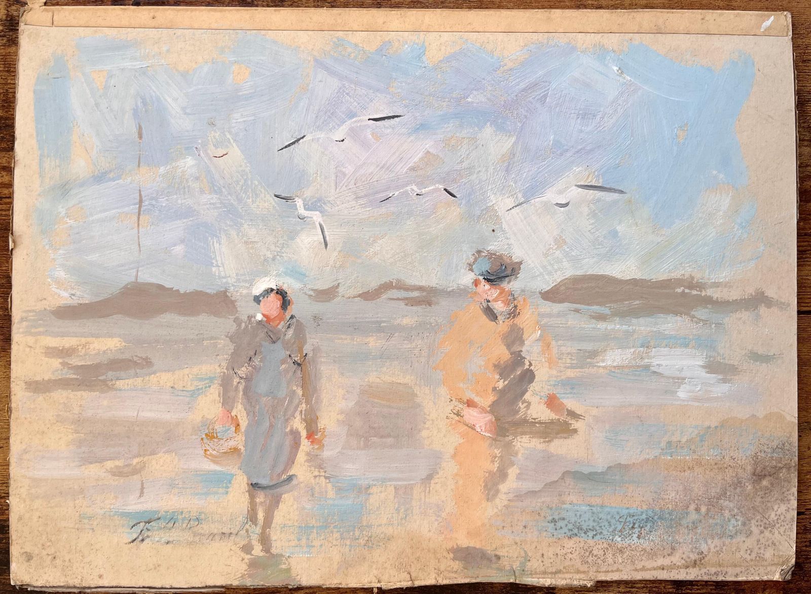 F.T Rousselimpressionist Beach Scene With Fisherman And Woman Walking Under Seagulls1994 photo furniture