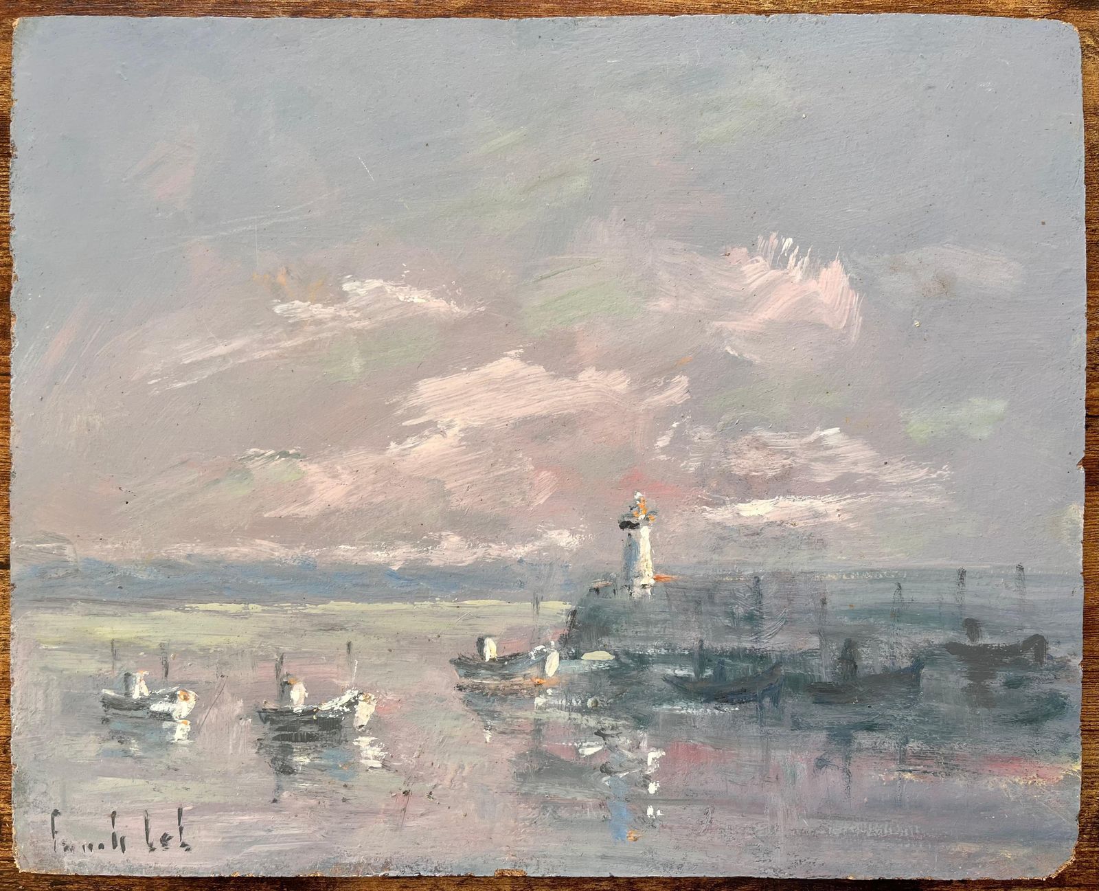 Fanch Lelfrench Coastal Oil Painting Of Lighthouse And Fishing Boats At Le Port D’étaples1985 photo furniture