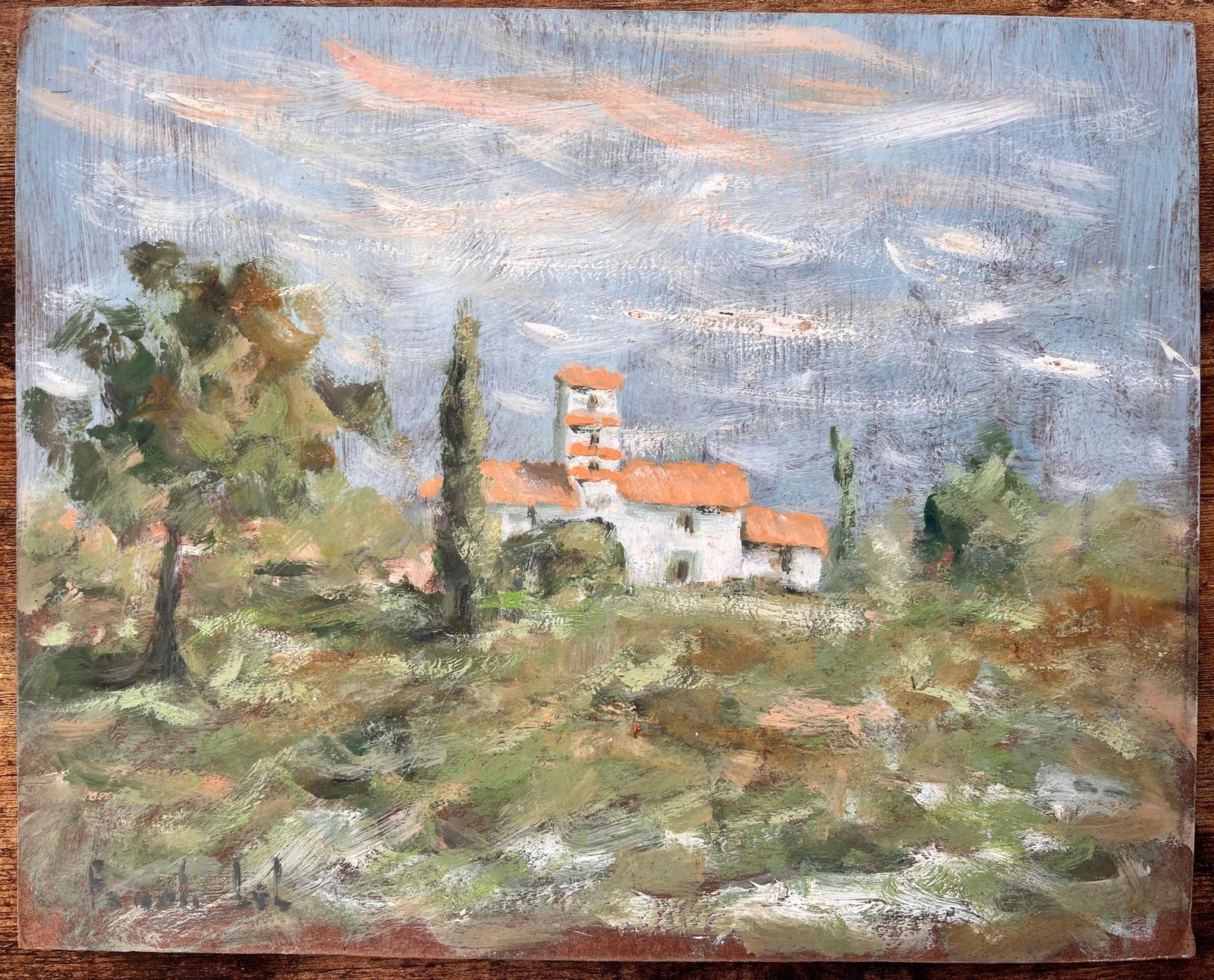 Fanch Lelfrench Countryside Landscape With White Farmhouse And Orange Roofs photo furniture