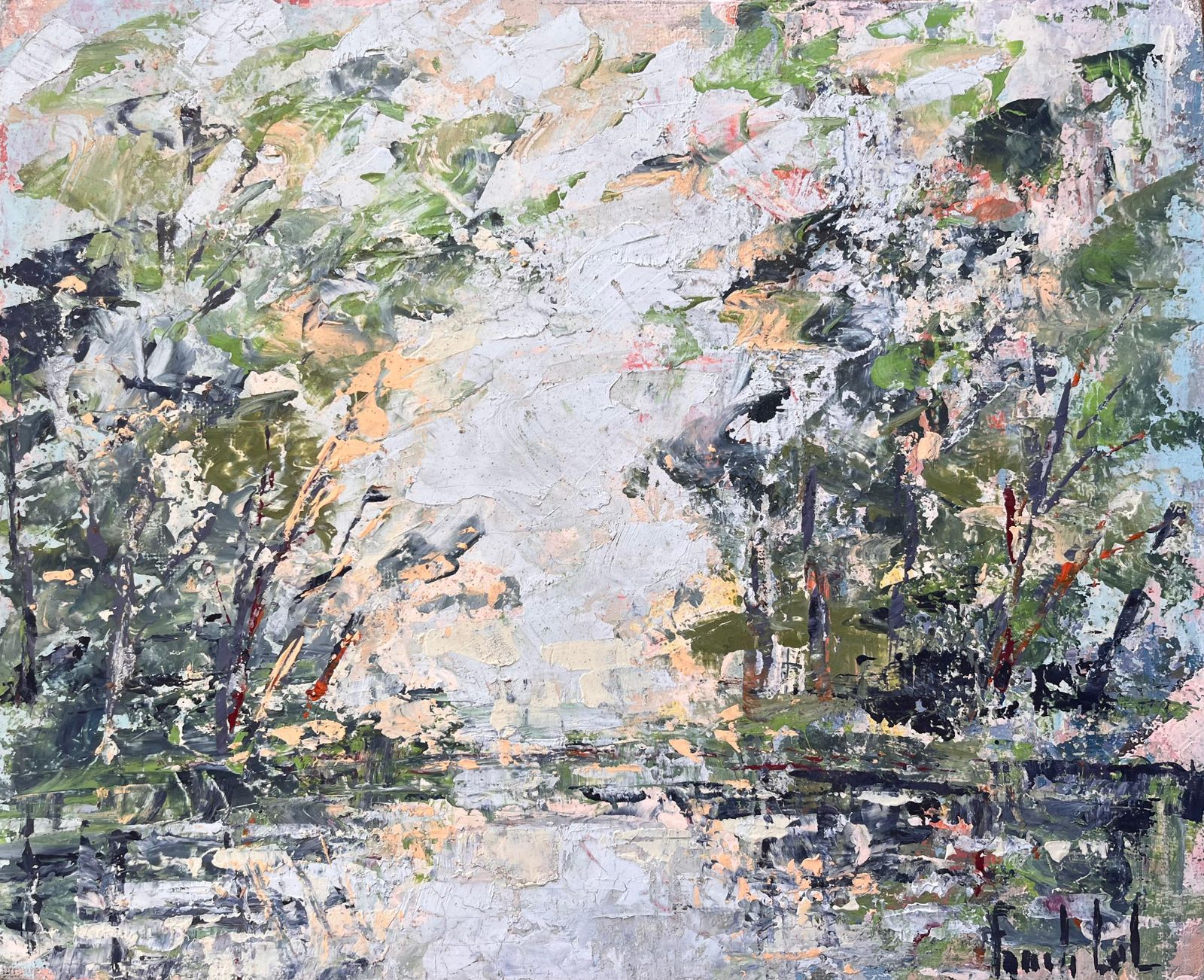 Fanch Lelfrench Abstracted Landscape Forest Scene With Reflections In The Water