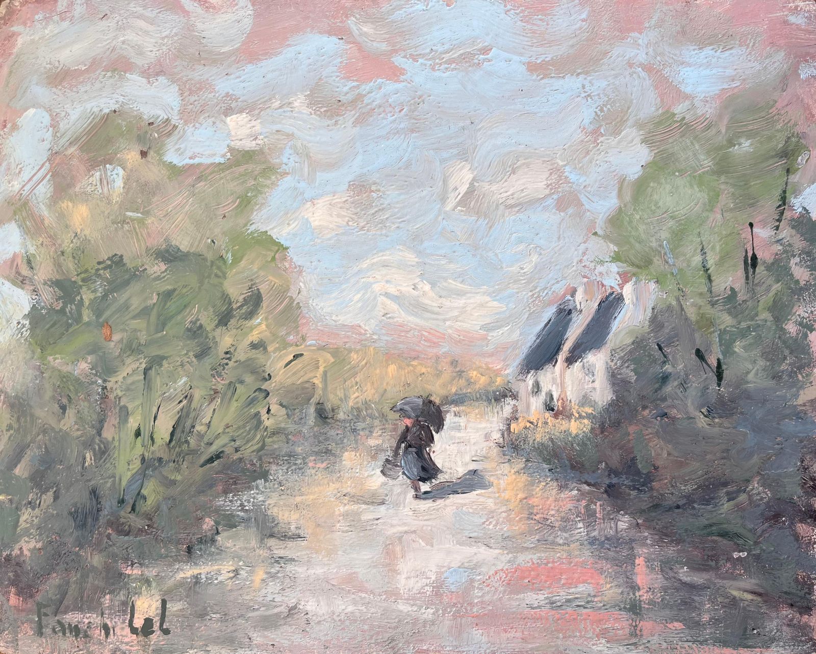 Fanch Lelfrench Impressionist Countryside Walk With Figure Holding An Umbrella