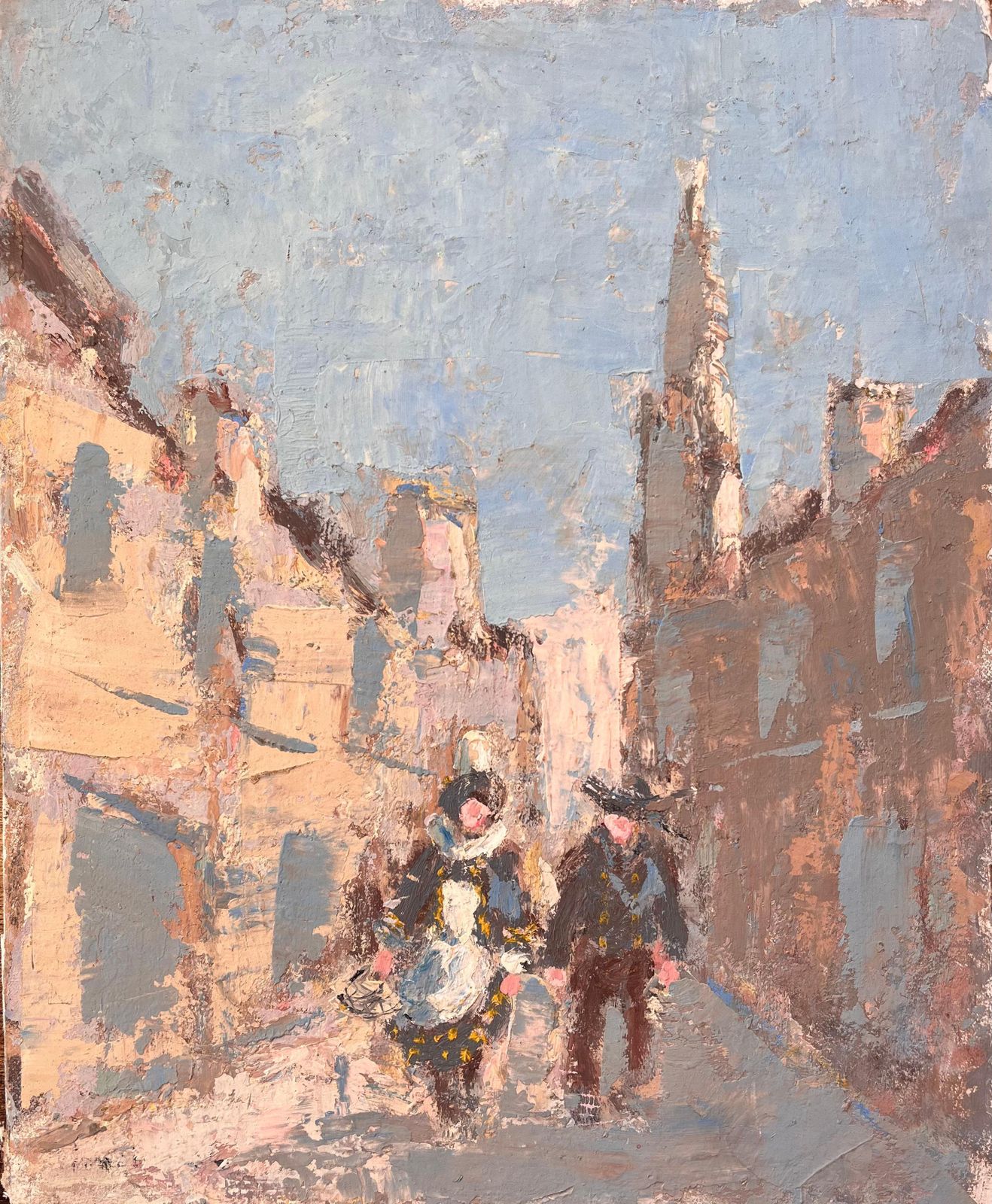 Fanch Lelfrench Impressionist Street Scene With Figures In Traditional Dress