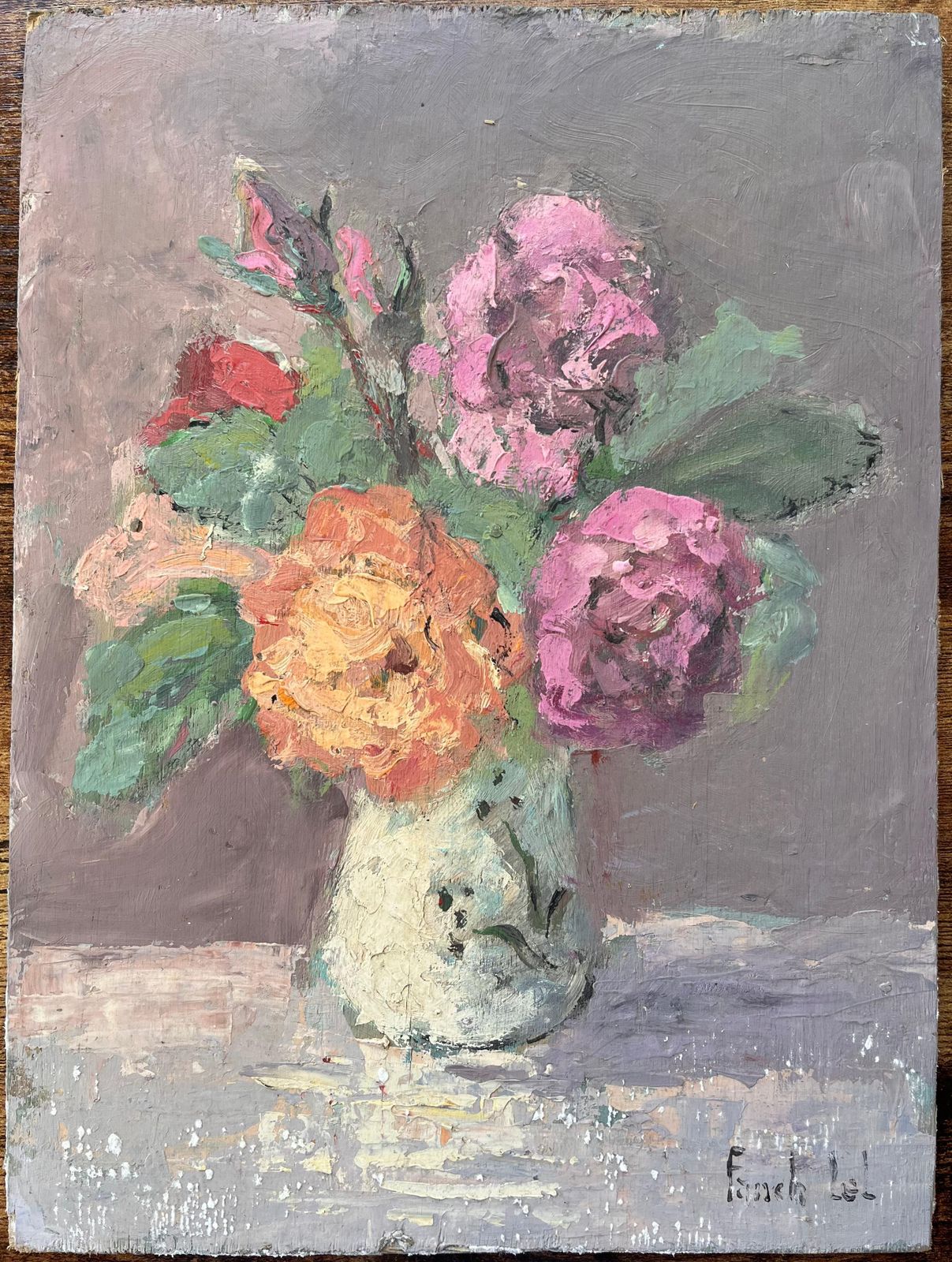 Fanch Lelroses De Mon Jardin Floral Still Life Of Pink And Orange Roses In Vase2000 photo furniture