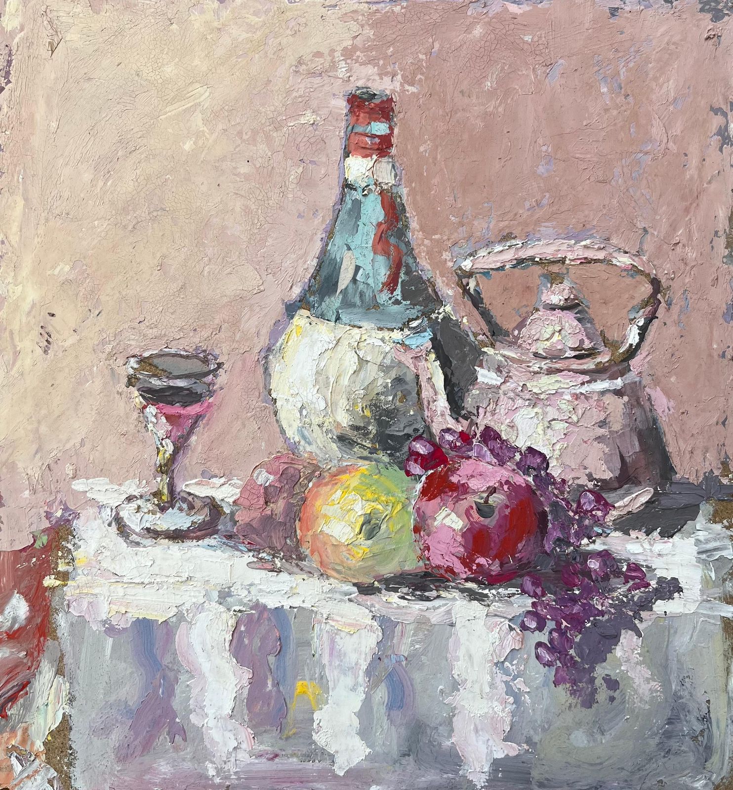 Fanch Lelimpasto Still Life With Chianti Bottle Wine Glass Pewter Jug And Fruit On Linen