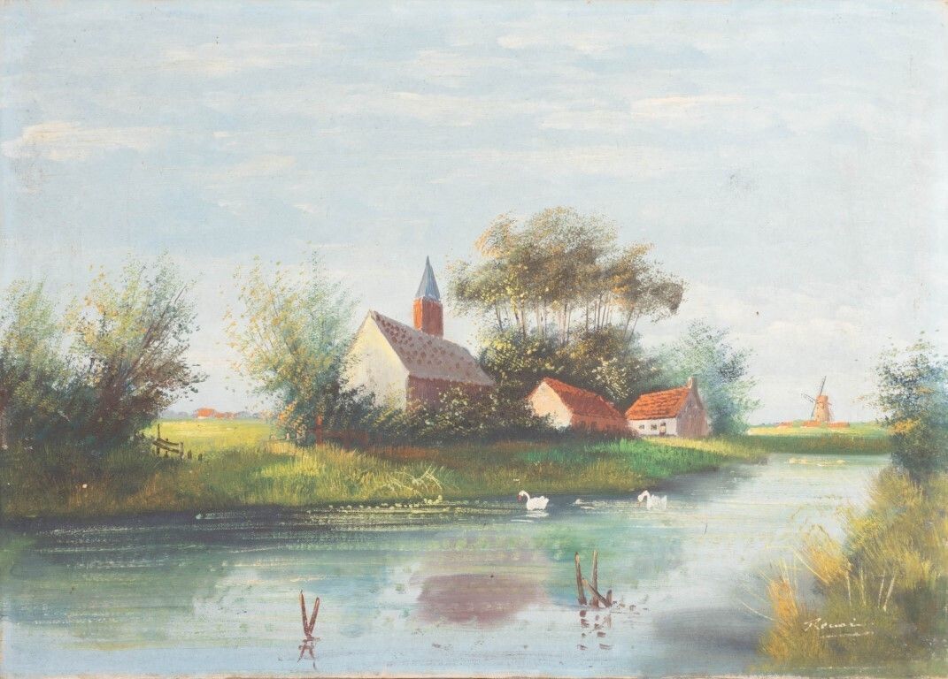 Belgian Country Landscape Oil Painting On Canvas Early 20th Century