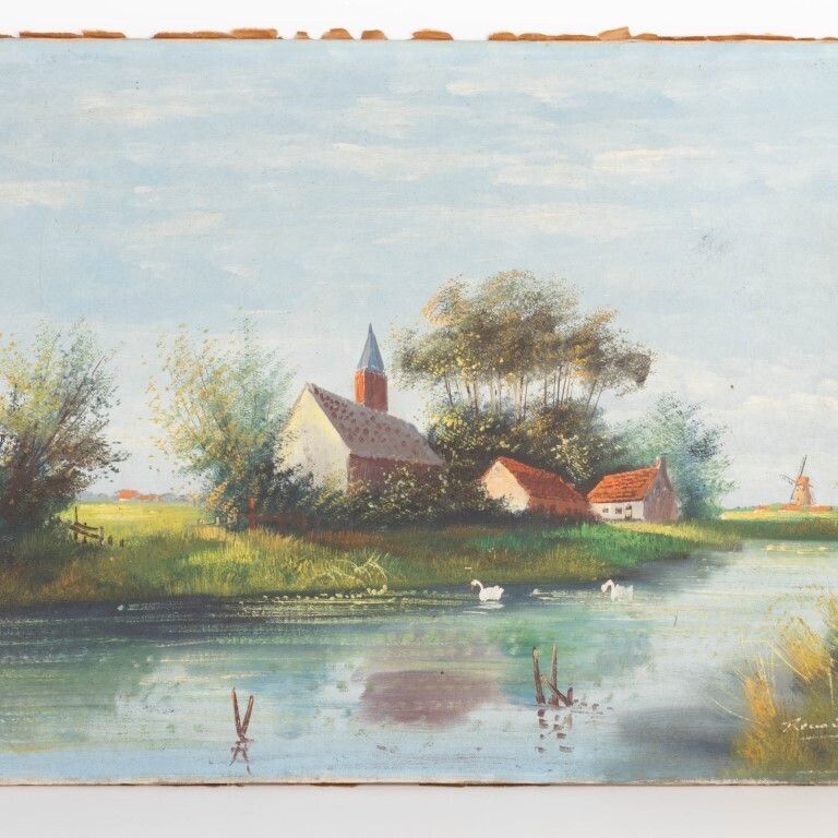 Belgian Country Landscape Oil Painting On Canvas Early 20th Century photo furniture