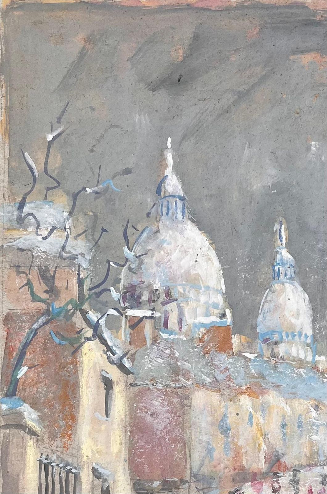 Fanch Lelimpressionist French Gouache Of Sacré Cœur Paris In Snow With Figures1994 photo for sale