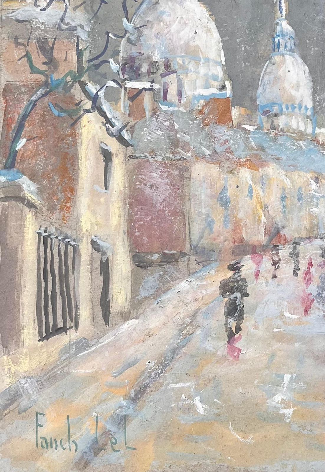 Fanch Lelimpressionist French Gouache Of Sacré Cœur Paris In Snow With Figures1994 photo 551.0