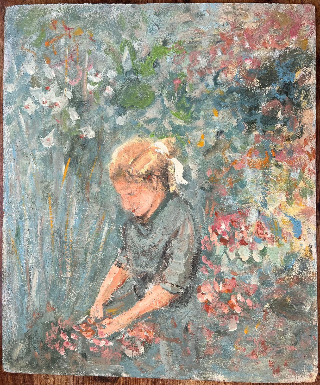 Fanch Lelimpressionist Painting Of A Young Girl Gathering Flowers In A Garden photo furniture