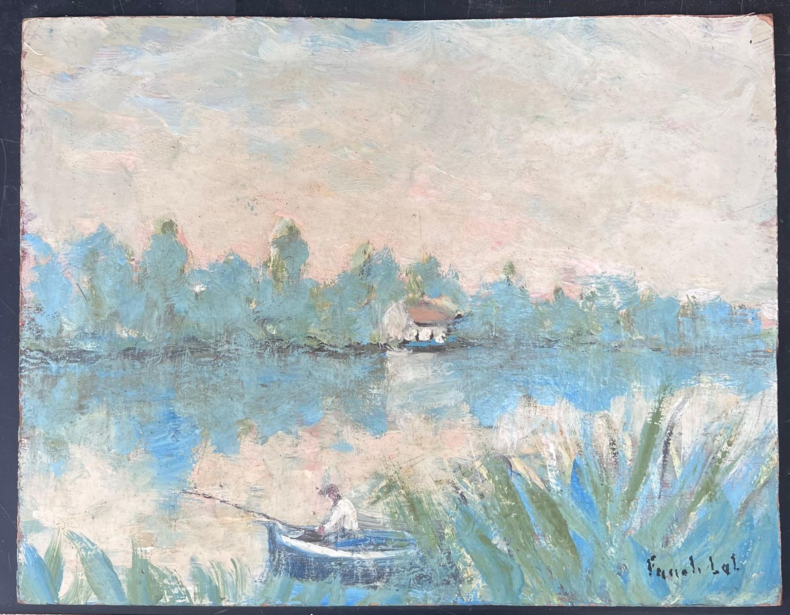 Fanch Lelfigure Fishing In Mossy Summery Lake French Landscape Oil Painting19th Century photo furniture
