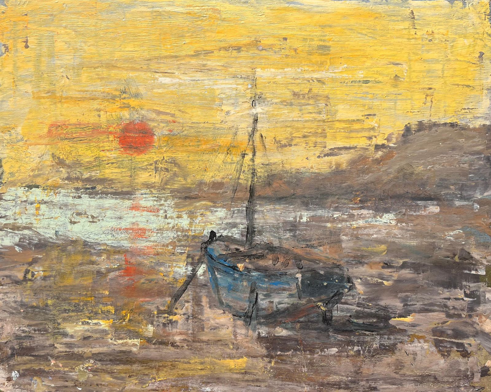 Fanch Lelfrench Impressionist Seascape Of Moored Boat At Sunset With Yellow Sky