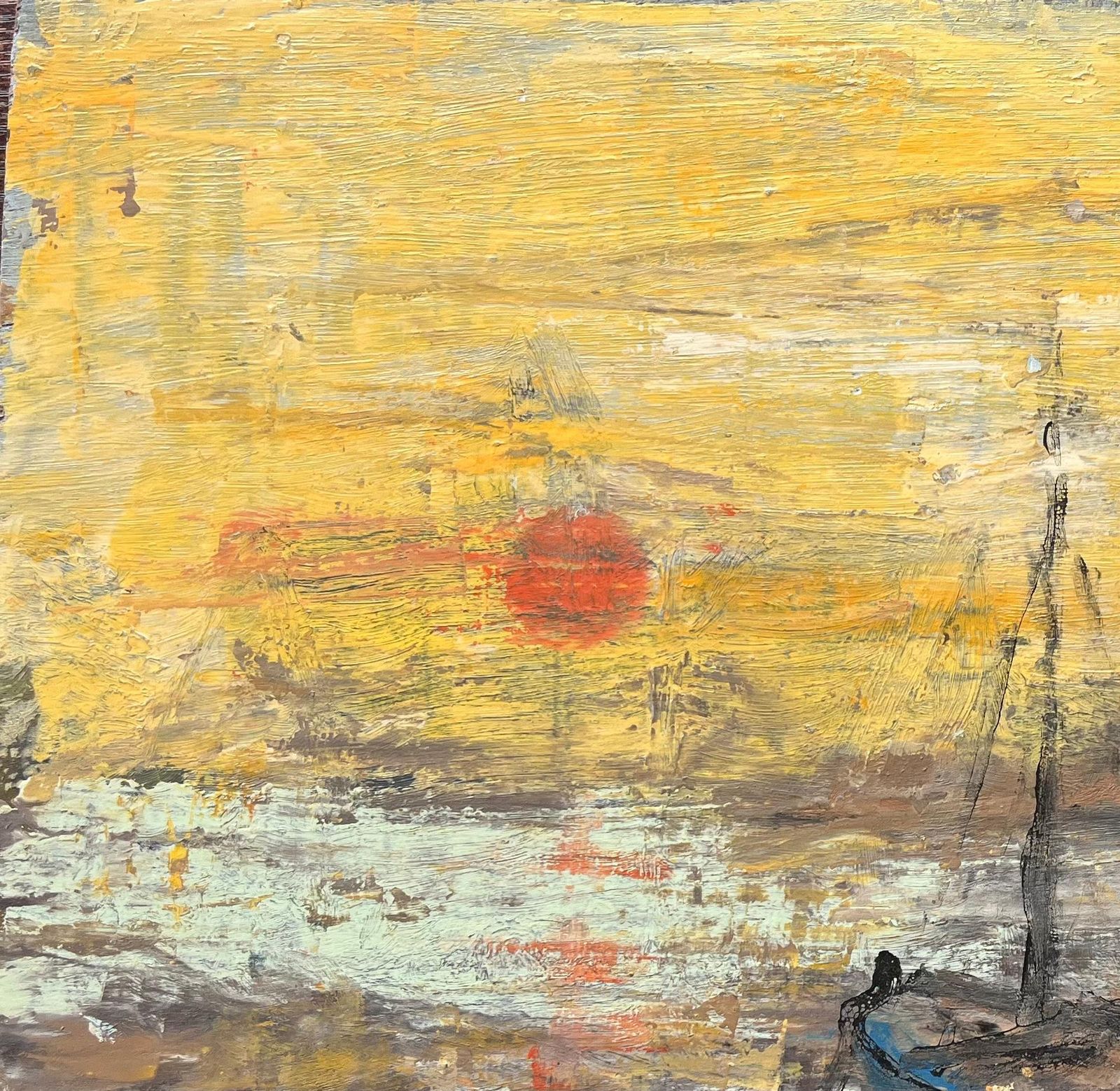 Fanch Lelfrench Impressionist Seascape Of Moored Boat At Sunset With Yellow Sky photo for sale