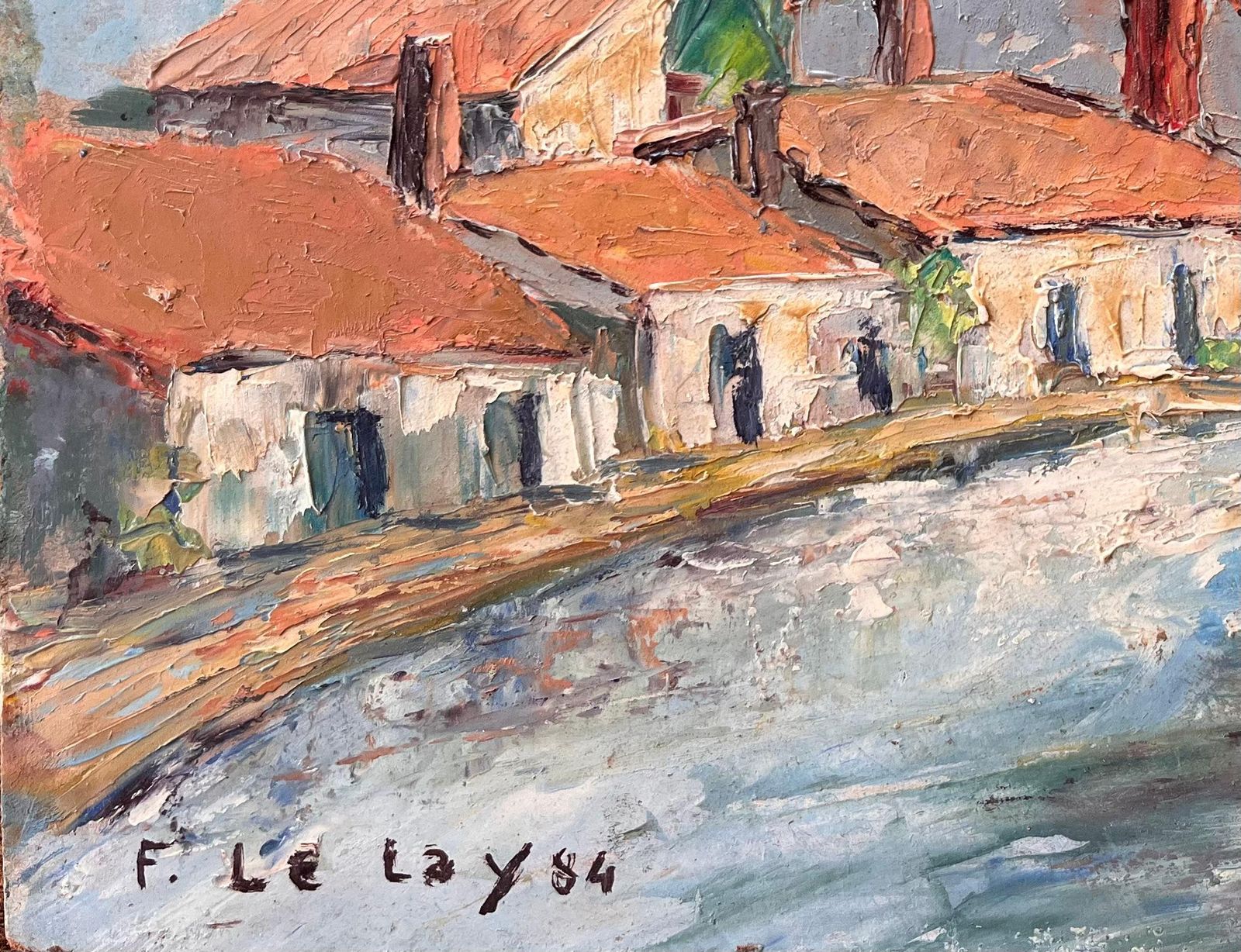 F. Le Layimpressionist French Village Market Scene With Red Roofs And Figures1984 photo for sale