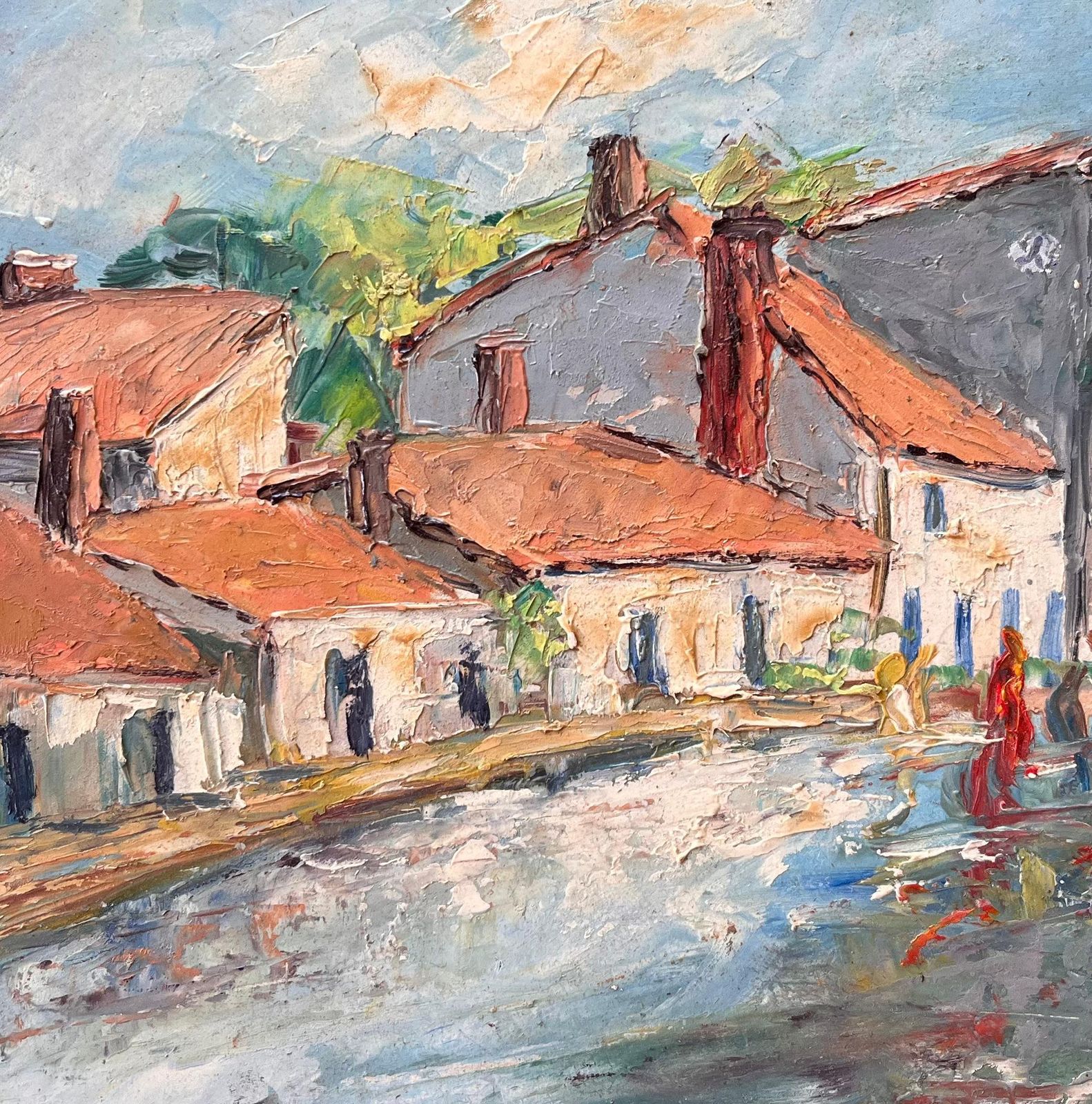 F. Le Layimpressionist French Village Market Scene With Red Roofs And Figures1984 photo buy