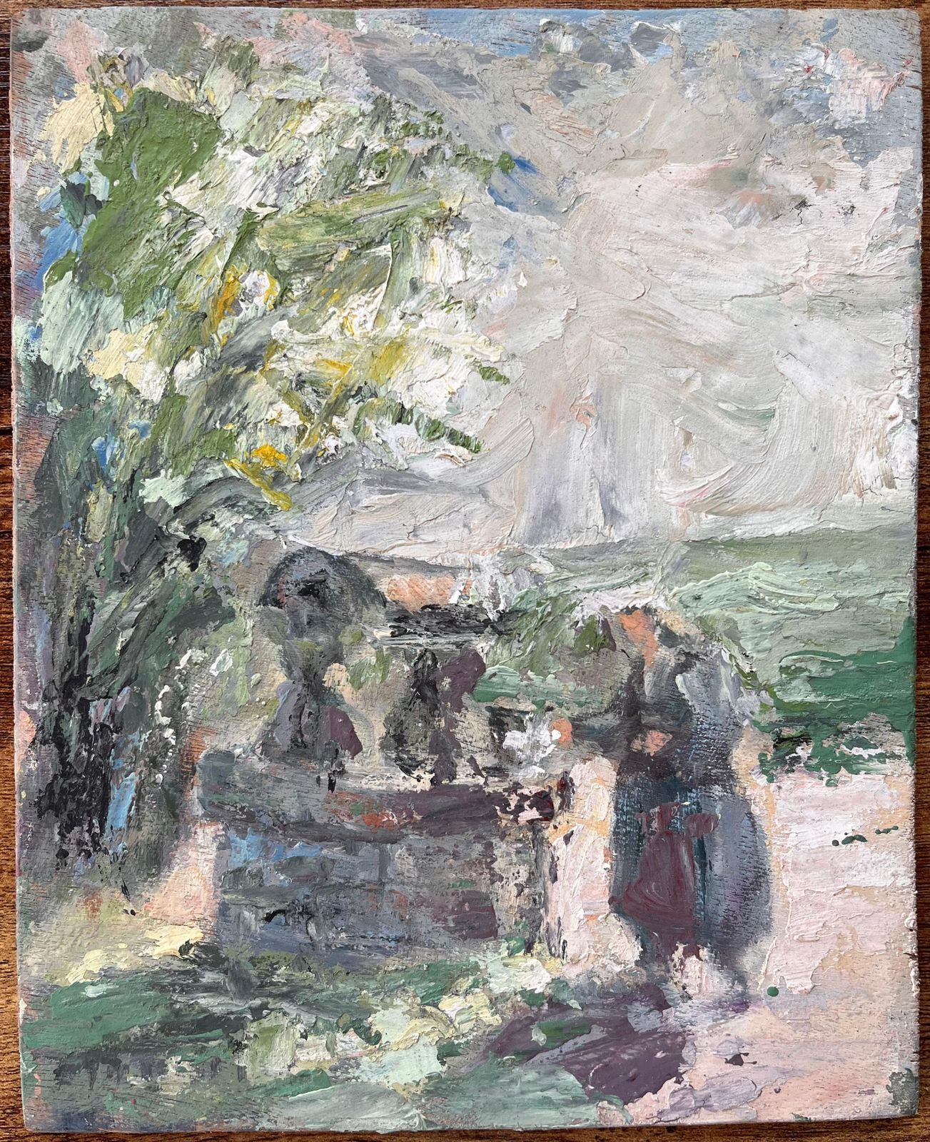 Fanch Lelimpressionist Pastoral Scene With Woman At Stone Fountain Under Tree photo furniture