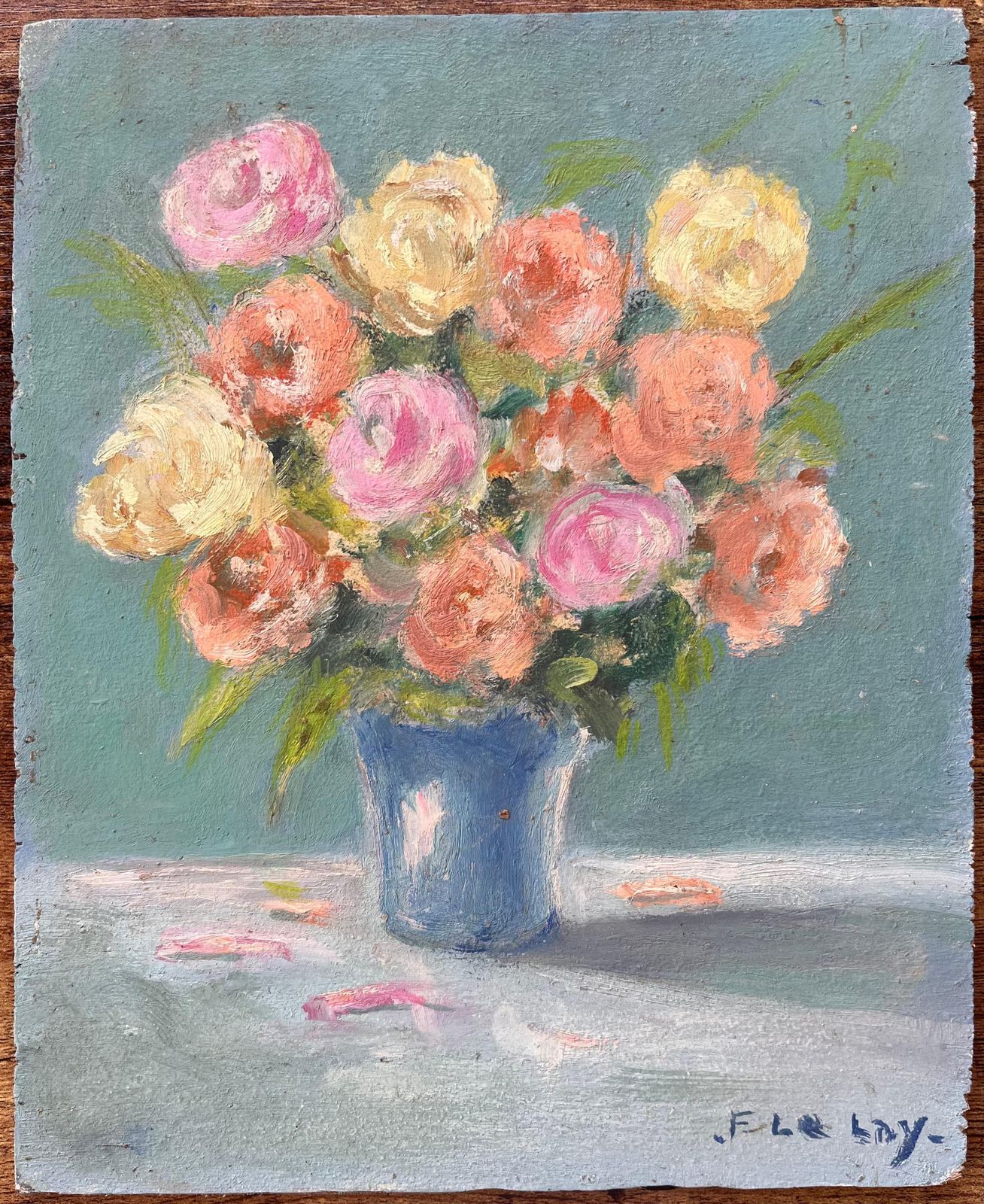 F. Le Layfrench Impressionist Still Life Of Pink And Peach Roses In Blue Vase photo furniture