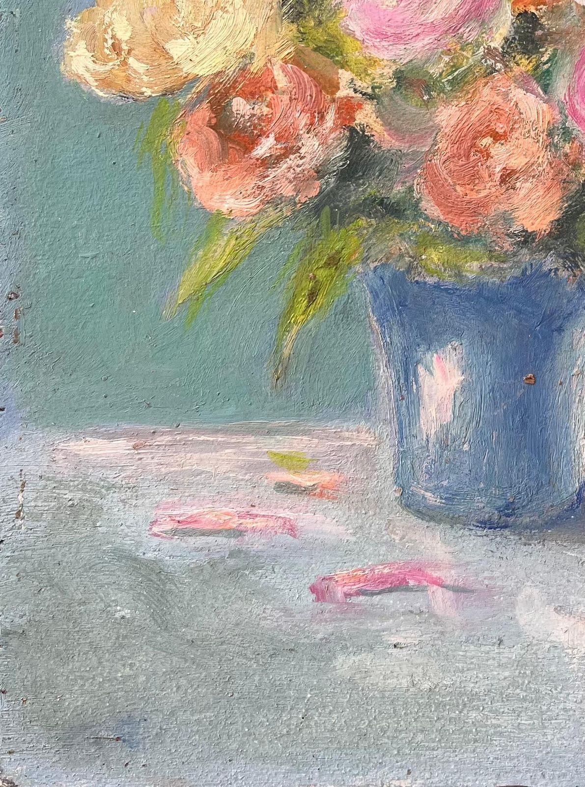 F. Le Layfrench Impressionist Still Life Of Pink And Peach Roses In Blue Vase photo 464.0