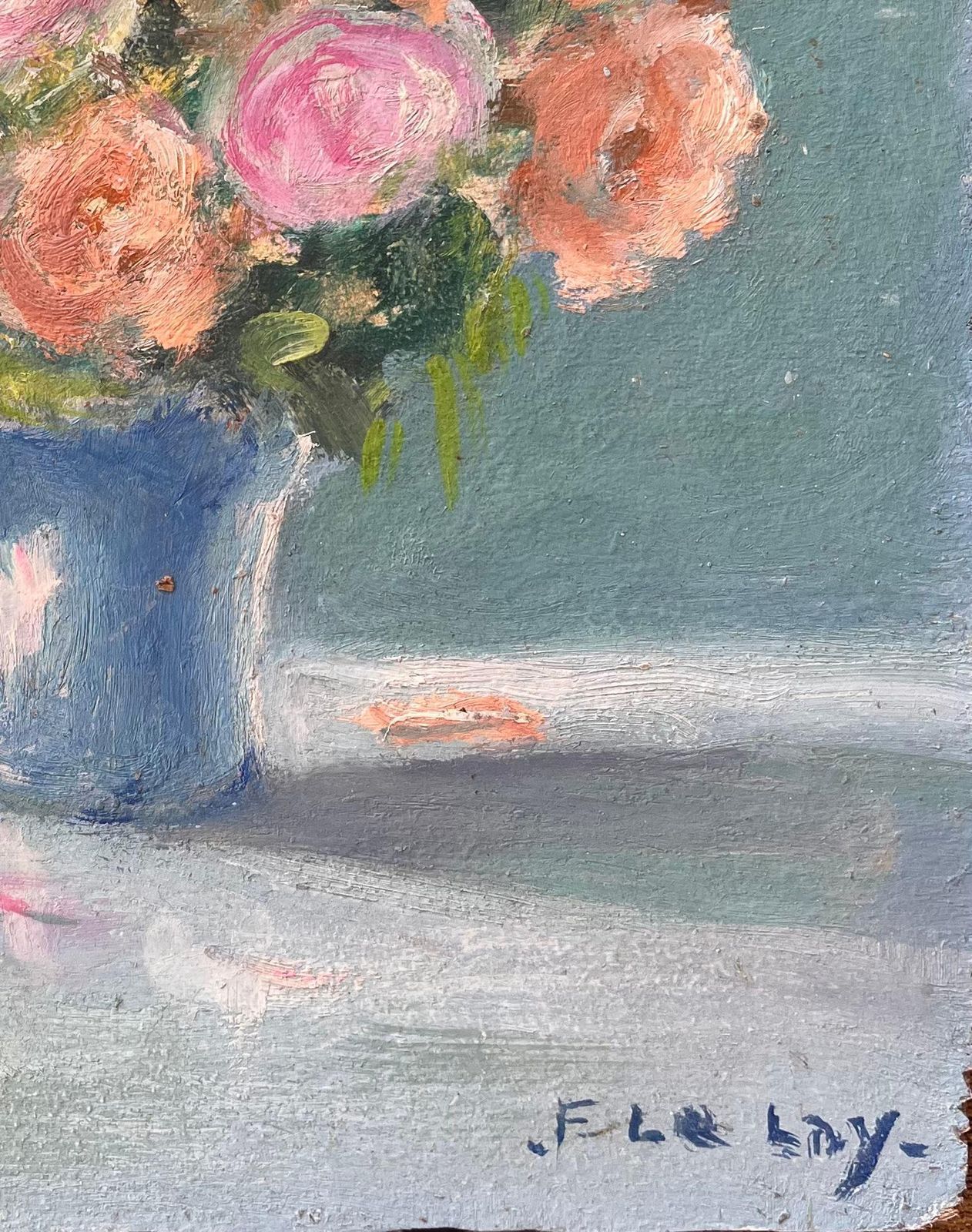 F. Le Layfrench Impressionist Still Life Of Pink And Peach Roses In Blue Vase photo vinterior