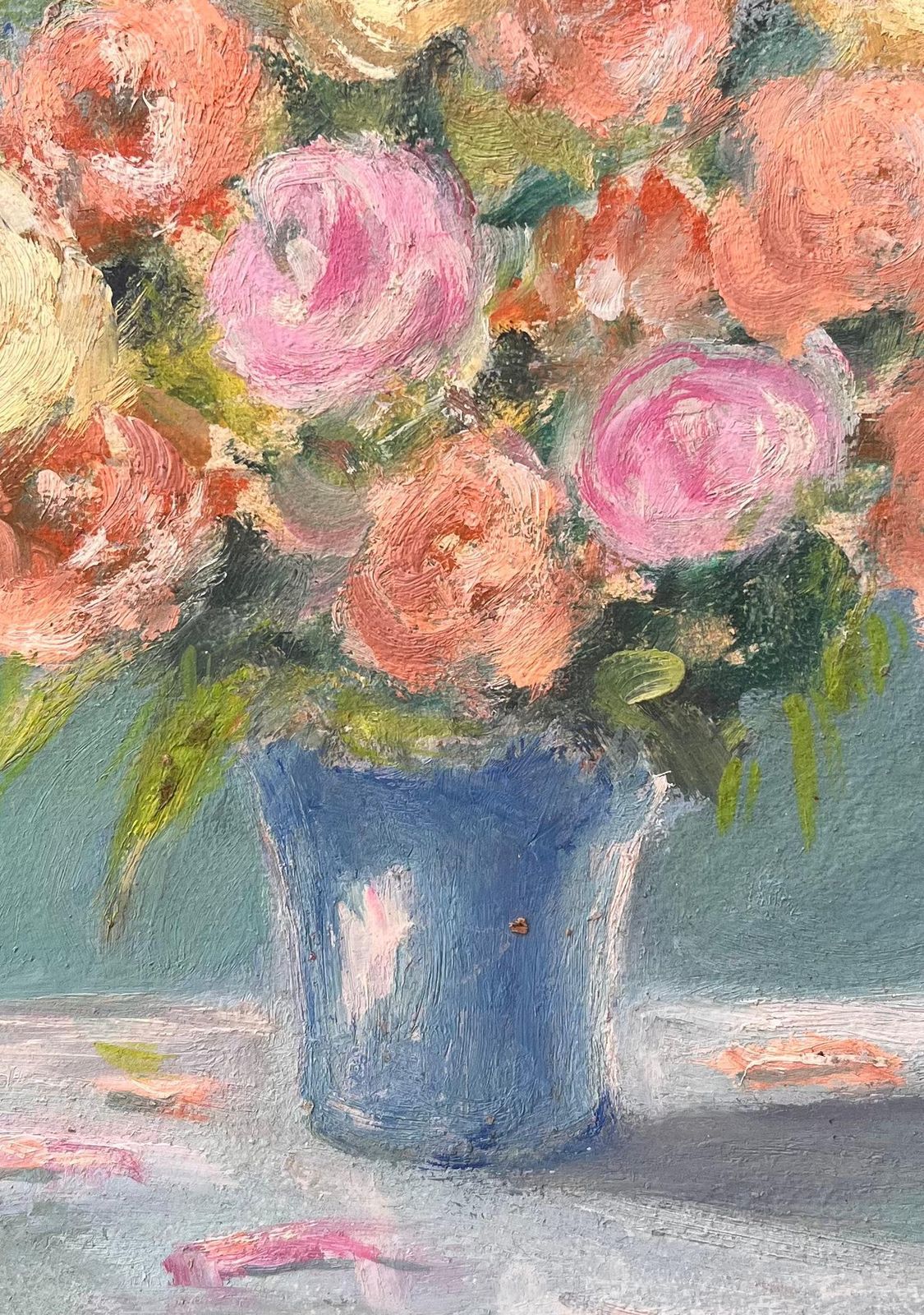 F. Le Layfrench Impressionist Still Life Of Pink And Peach Roses In Blue Vase photo buy