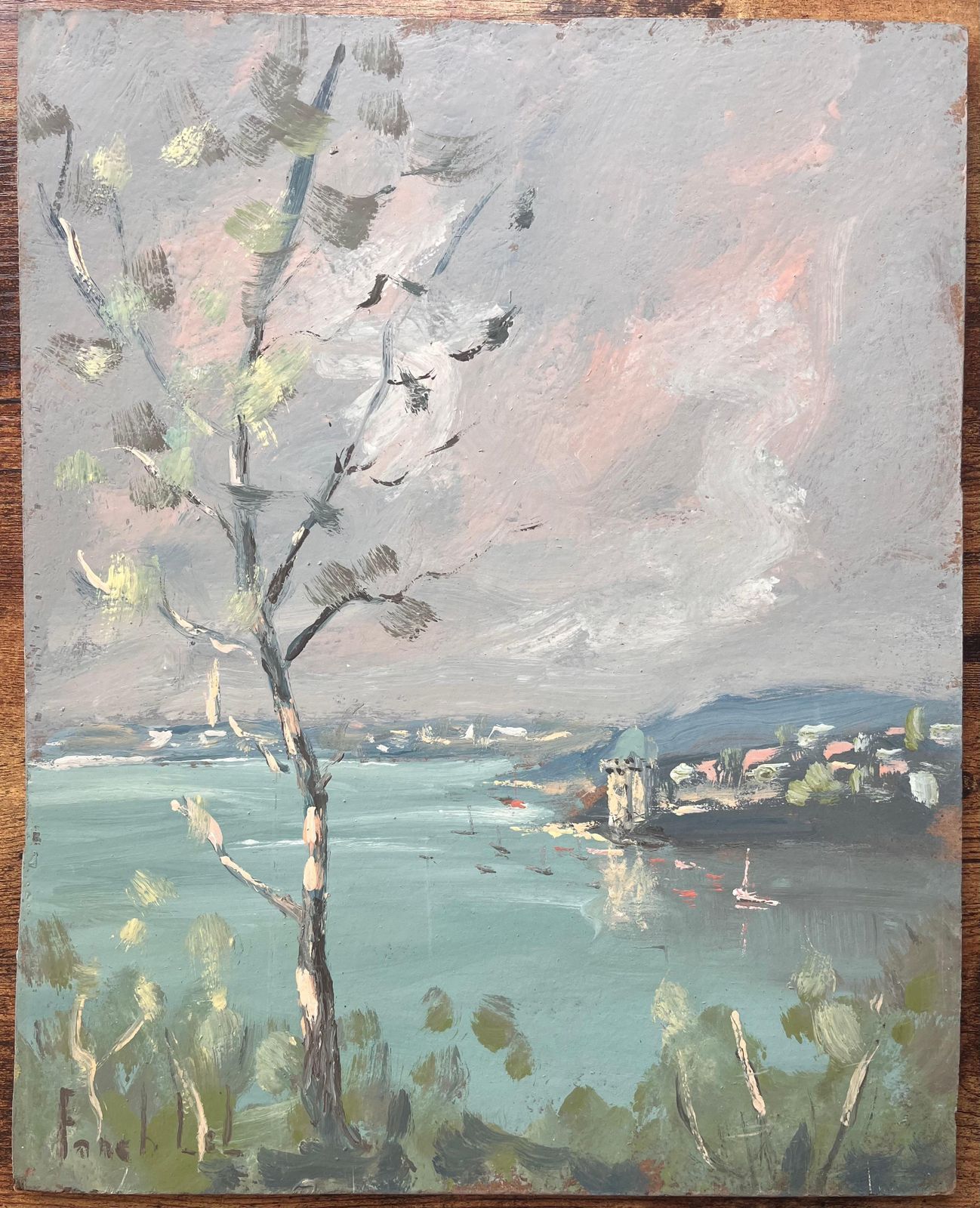 Fanch Lelfrench Impressionist Landscape Of Lakeside Town With Birch Tree And Boats photo furniture