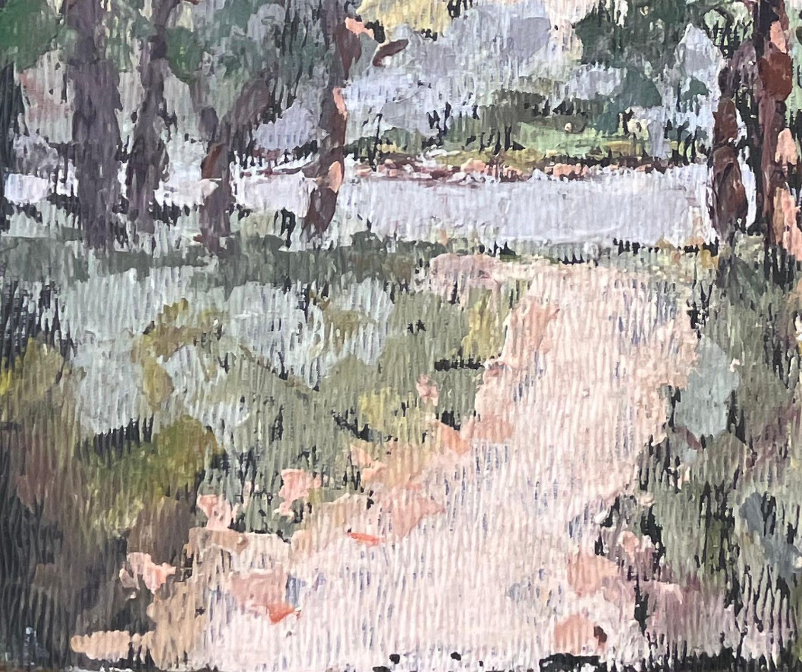 Fanch Lelimpressionist Forest River Scene With Path And Boats In Soft Summer Light photo for sale