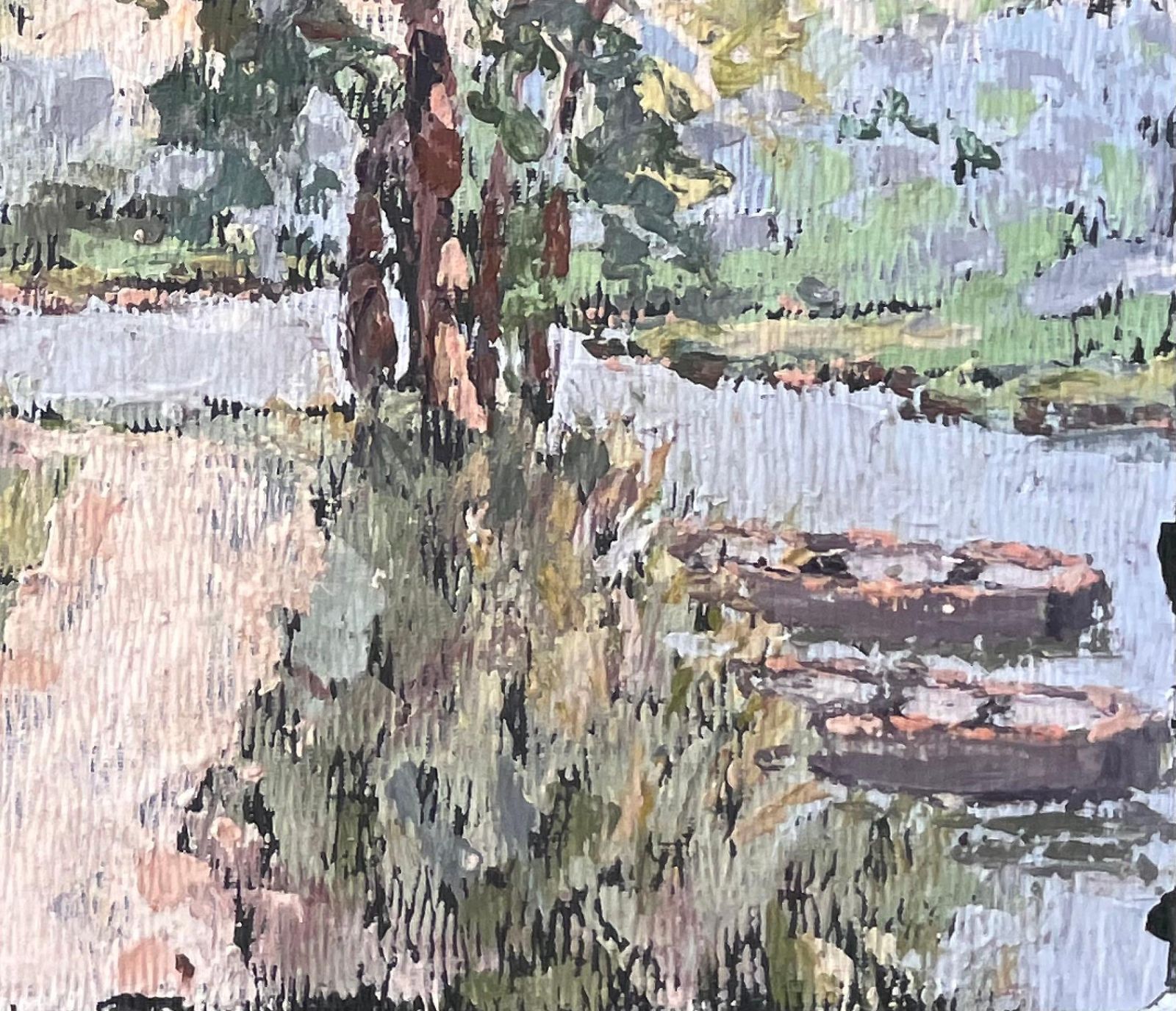 Fanch Lelimpressionist Forest River Scene With Path And Boats In Soft Summer Light photo 470.0