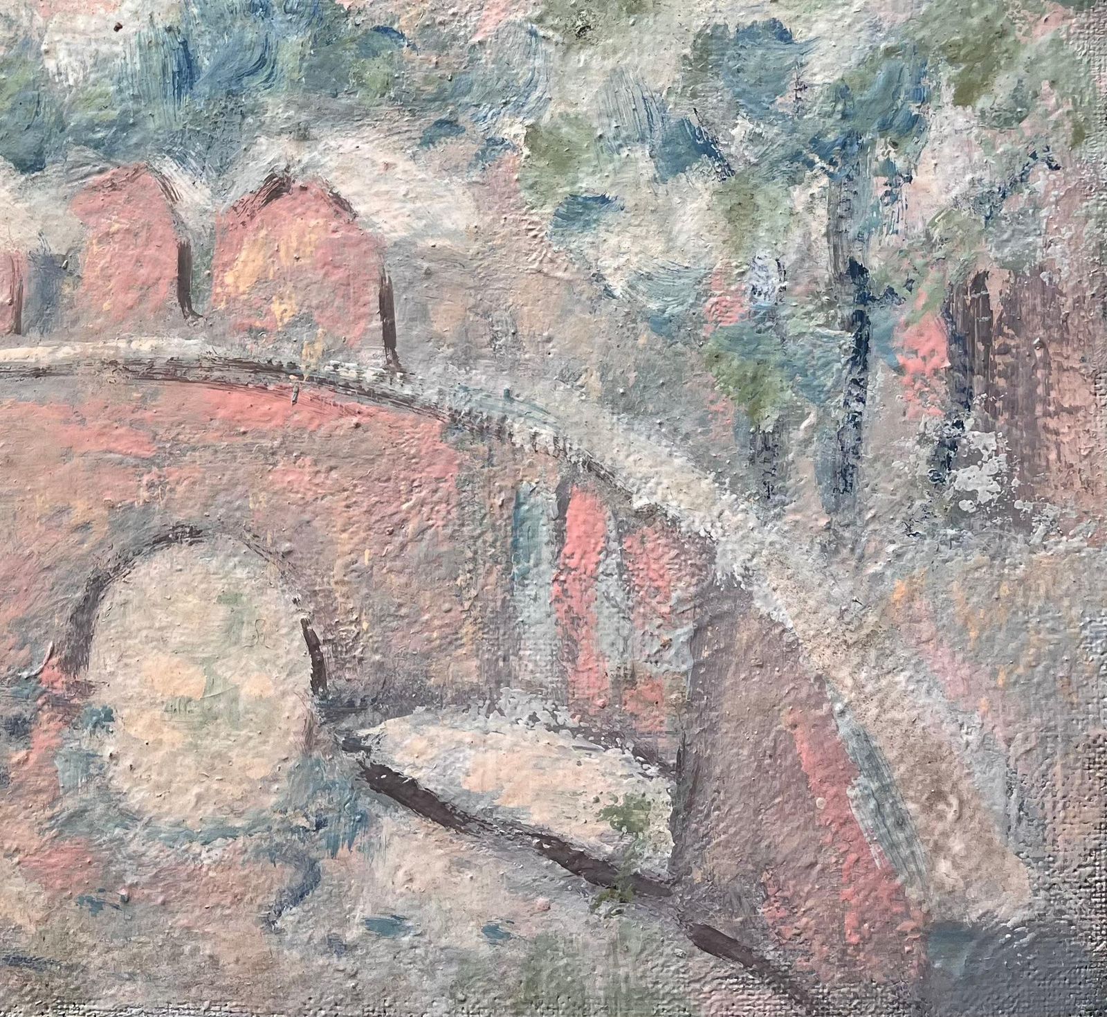 Fanch Lelfrench Impressionist Pastel Landscape Of Arched Bridge And Riverside Cottages photo for sale