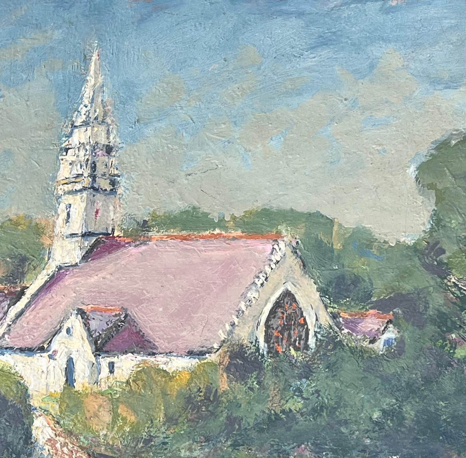 Fanch Lelpurple Roof Church In Green Enclosed Gardens French Landscape Oil Painting19th Century photo for sale