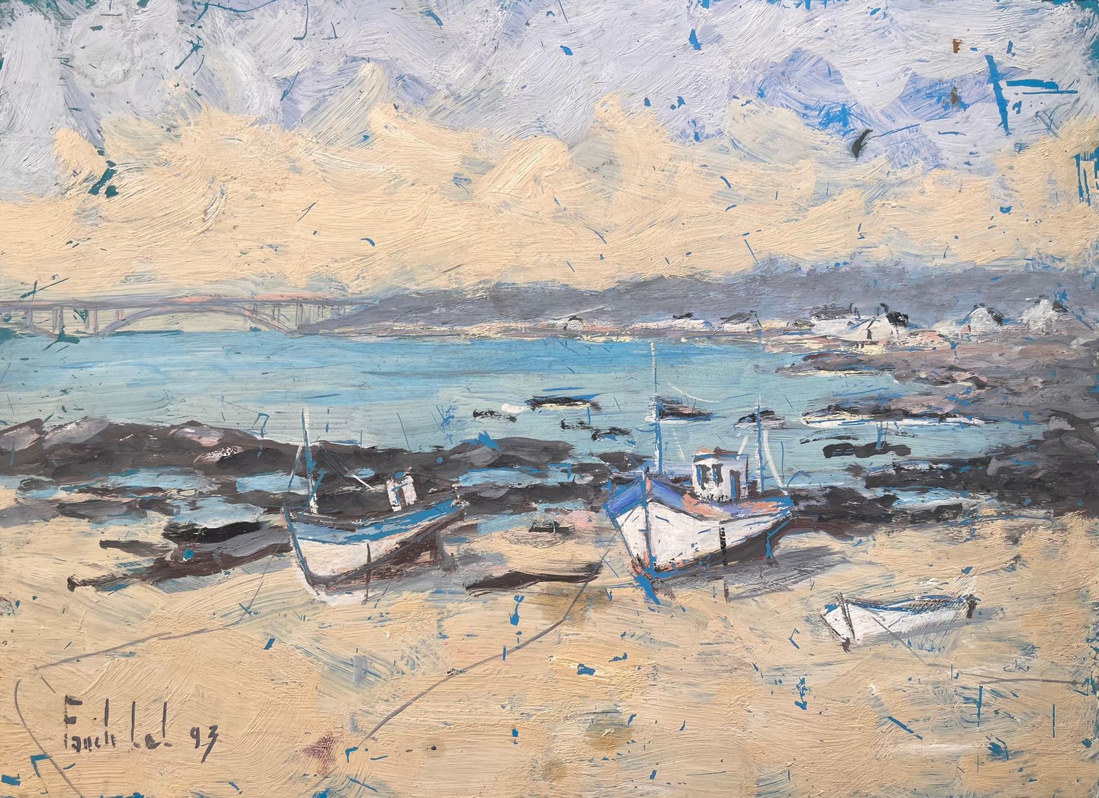 Fanch Lelimpressionist Coastal Scene Of Fishing Boats At Low Tide With Bridge View1993
