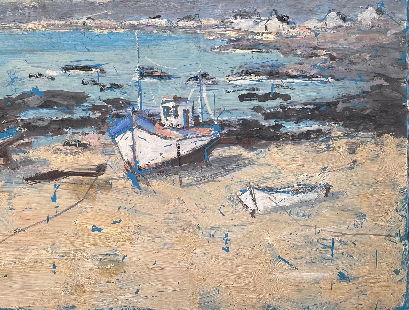 Fanch Lelimpressionist Coastal Scene Of Fishing Boats At Low Tide With Bridge View1993 photo for sale