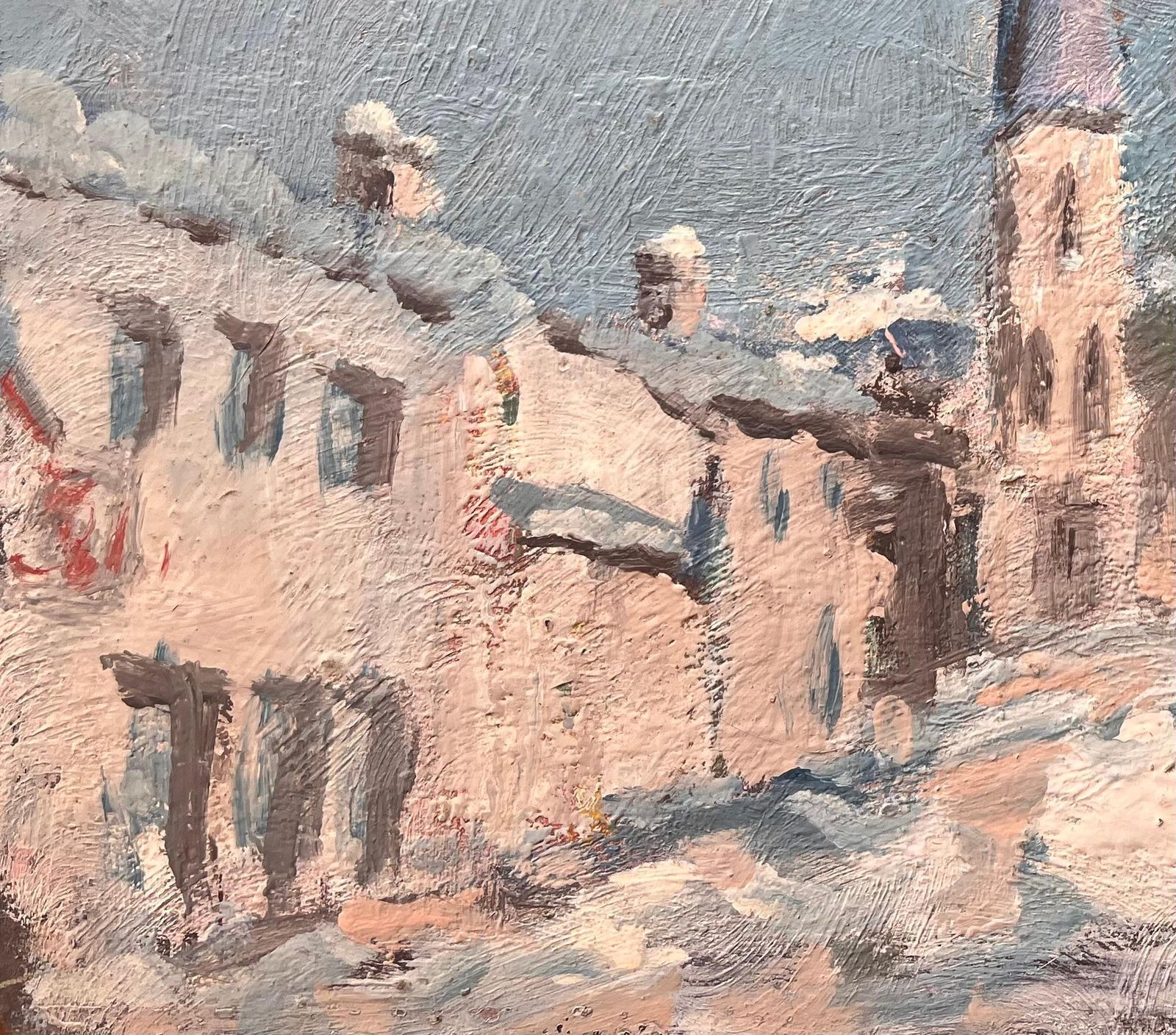Fanch Lelfrench Impressionist Winter Street Scene With Church Spire And Snow photo for sale