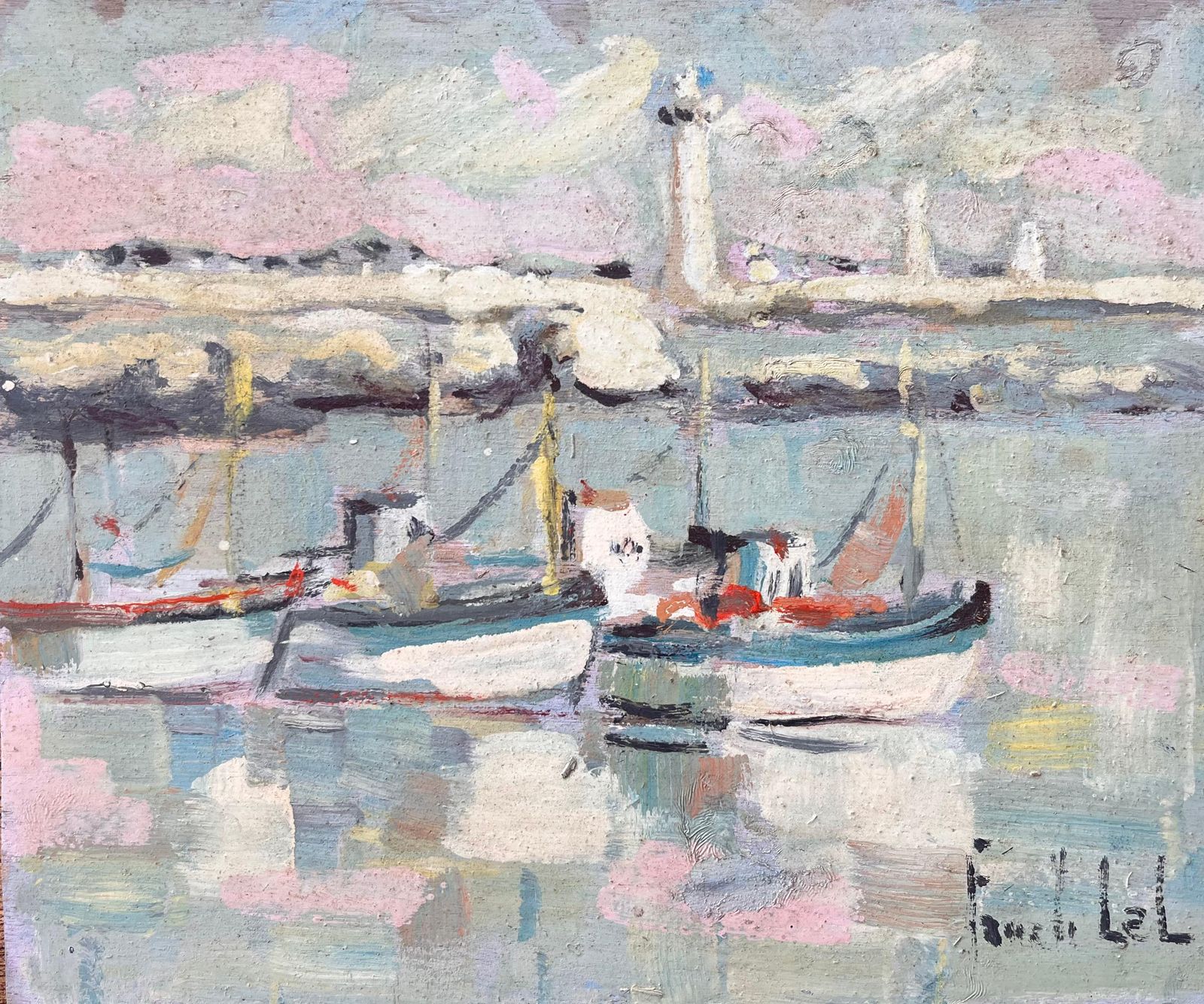 Fanch Lelfrench Impressionist Painting Of Moored Fishing Boats And Lighthouse
