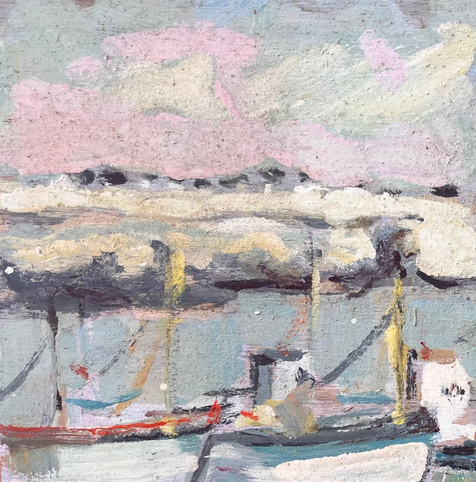 Fanch Lelfrench Impressionist Painting Of Moored Fishing Boats And Lighthouse photo for sale