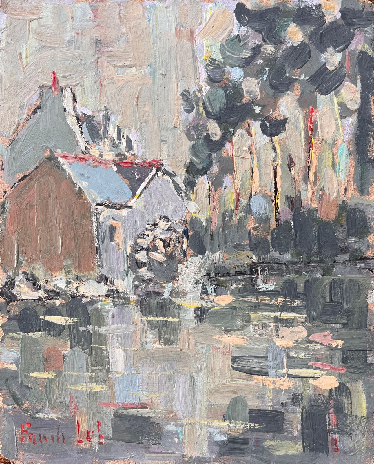 Fanch Lelfrench Impressionist River Scene In Moulin Sur L’aven With Rustic Houses