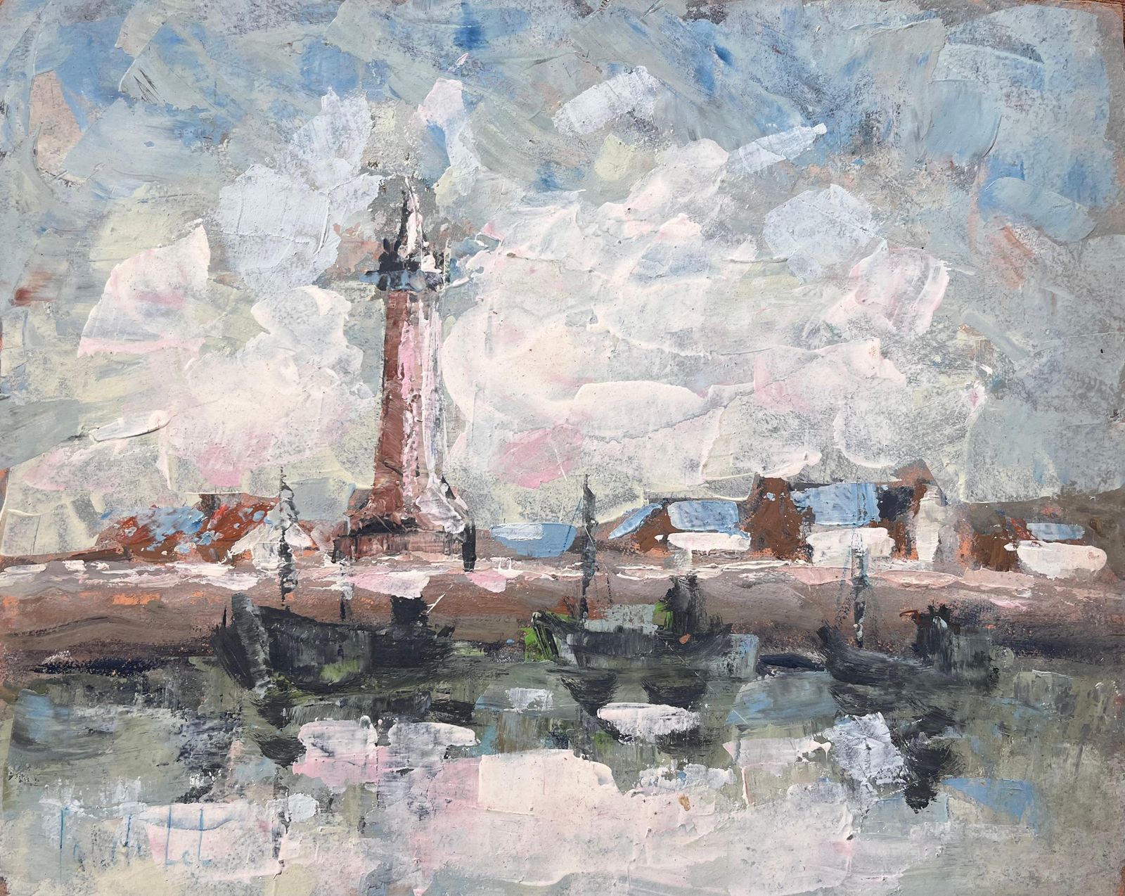 Fanch Lelfrench Impressionist Harbour Scene With Lighthouse Boats And Reflections