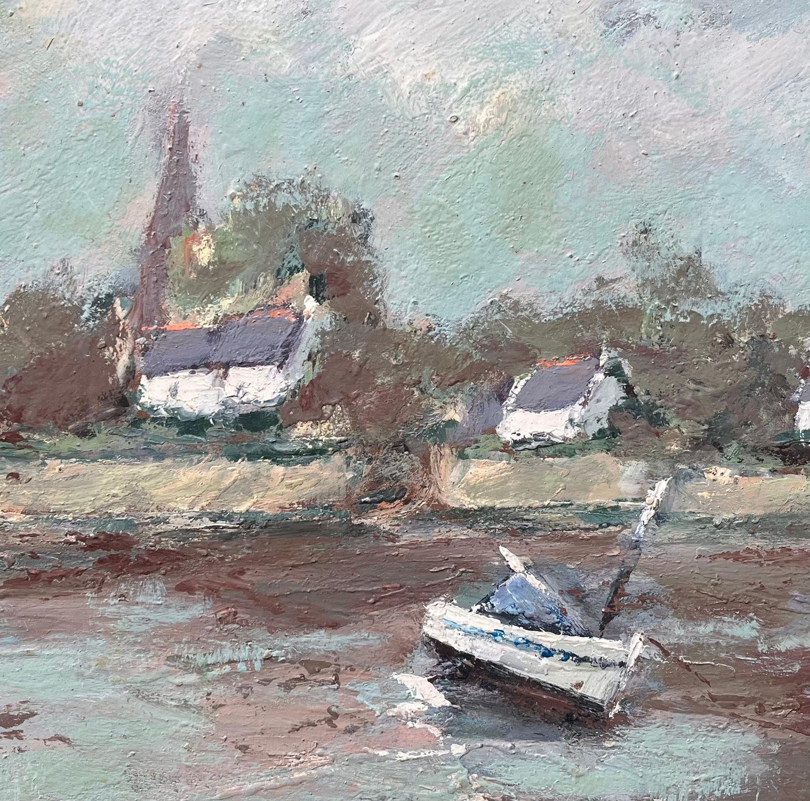 Fanch Lelfrench Impressionist Riverbank Scene With Sailboat And Church Spire photo buy