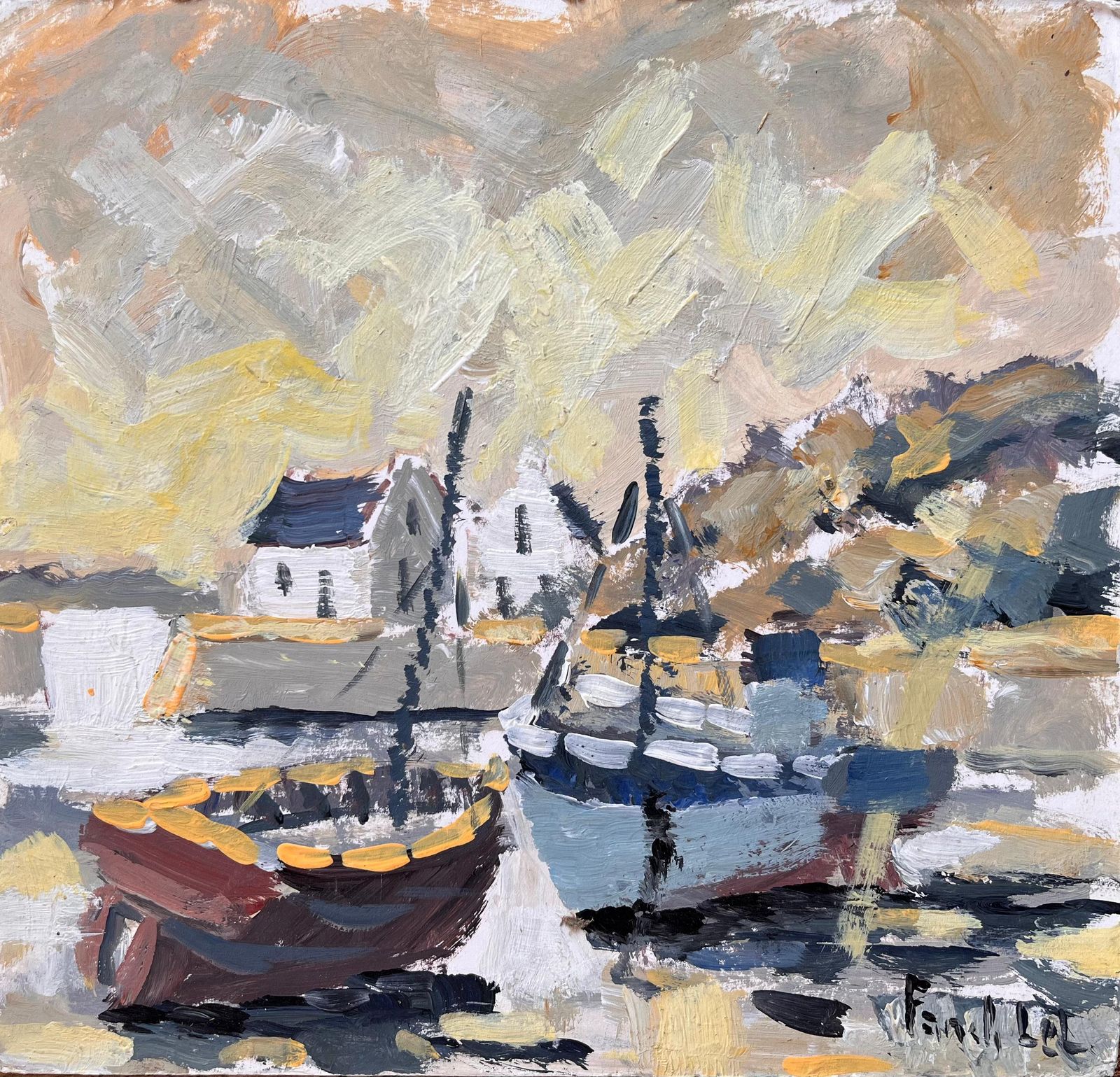 Fanch Lelimpressionist Coastal Fishing Village With Moored Boats In Ouessant In Brittany2008