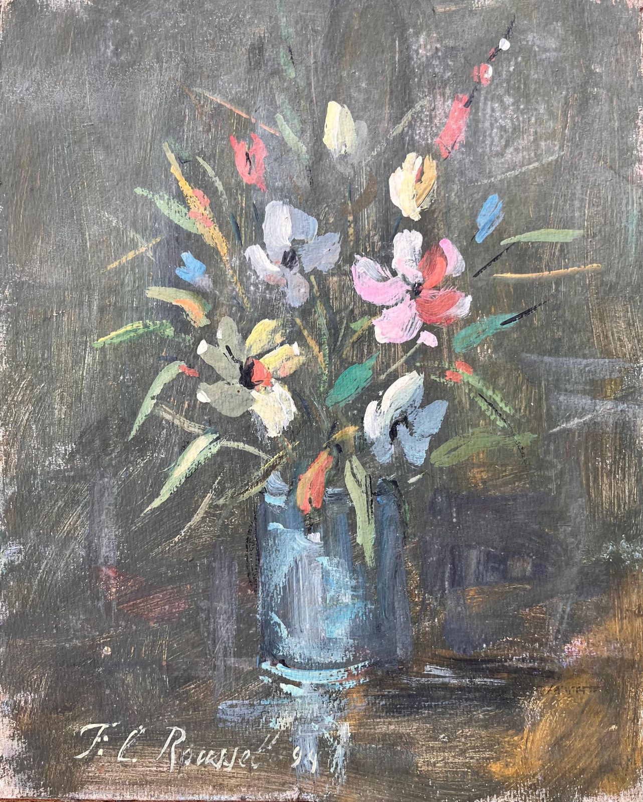 F.L. Rousselfrench Impressionist Still Life Of Wildflowers In Blue Glass Jar1994