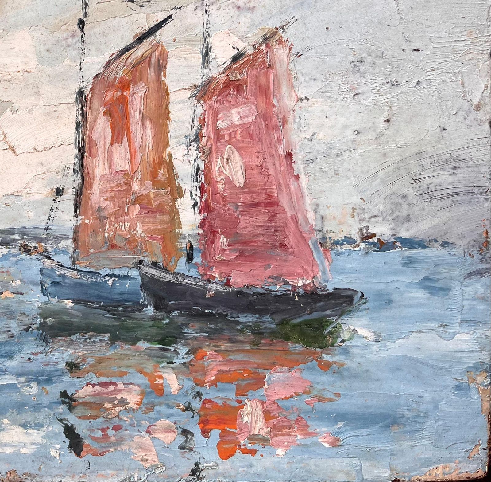Fanch Lelfrench Impressionist Seascape With Red Sailed Boats And Lighthouse photo for sale