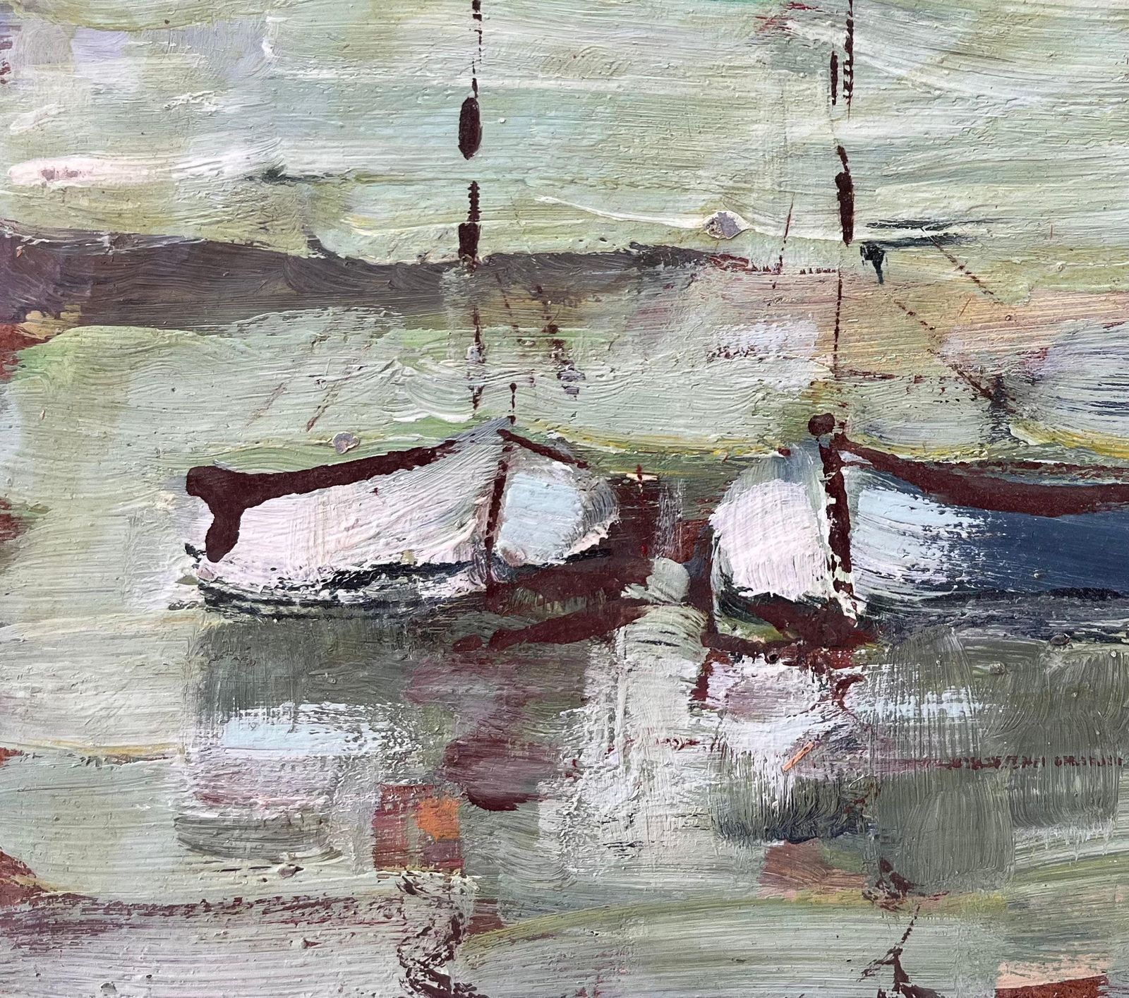 Fanch Lelimpressionist Coastal Scene With Two Small Boats On Green Reflective Water photo for sale