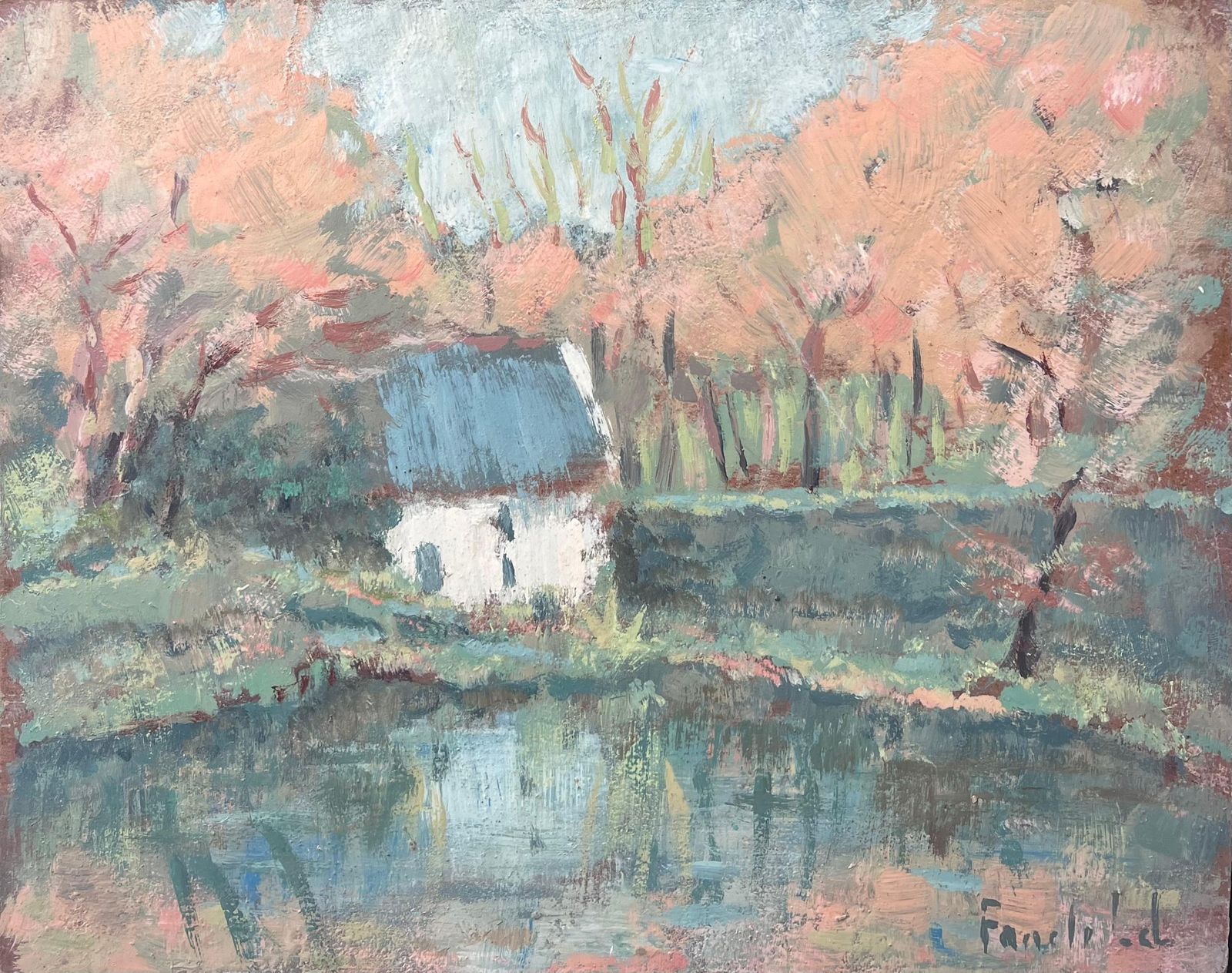 Fanch Lelwhite Cottage Hidden In The Autumnal River Forest French Oil Painting19th Century