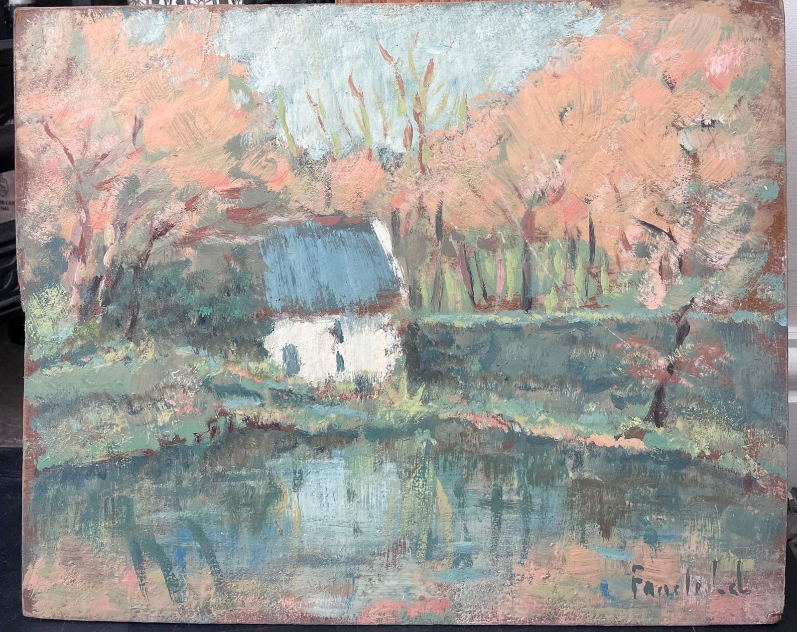 Fanch Lelwhite Cottage Hidden In The Autumnal River Forest French Oil Painting19th Century photo vinterior