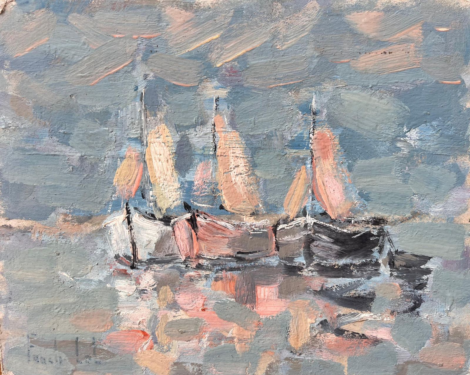 Fanch Lelimpressionist Fleet Of Sailboats With Reflections In A Blue And Pink Palette